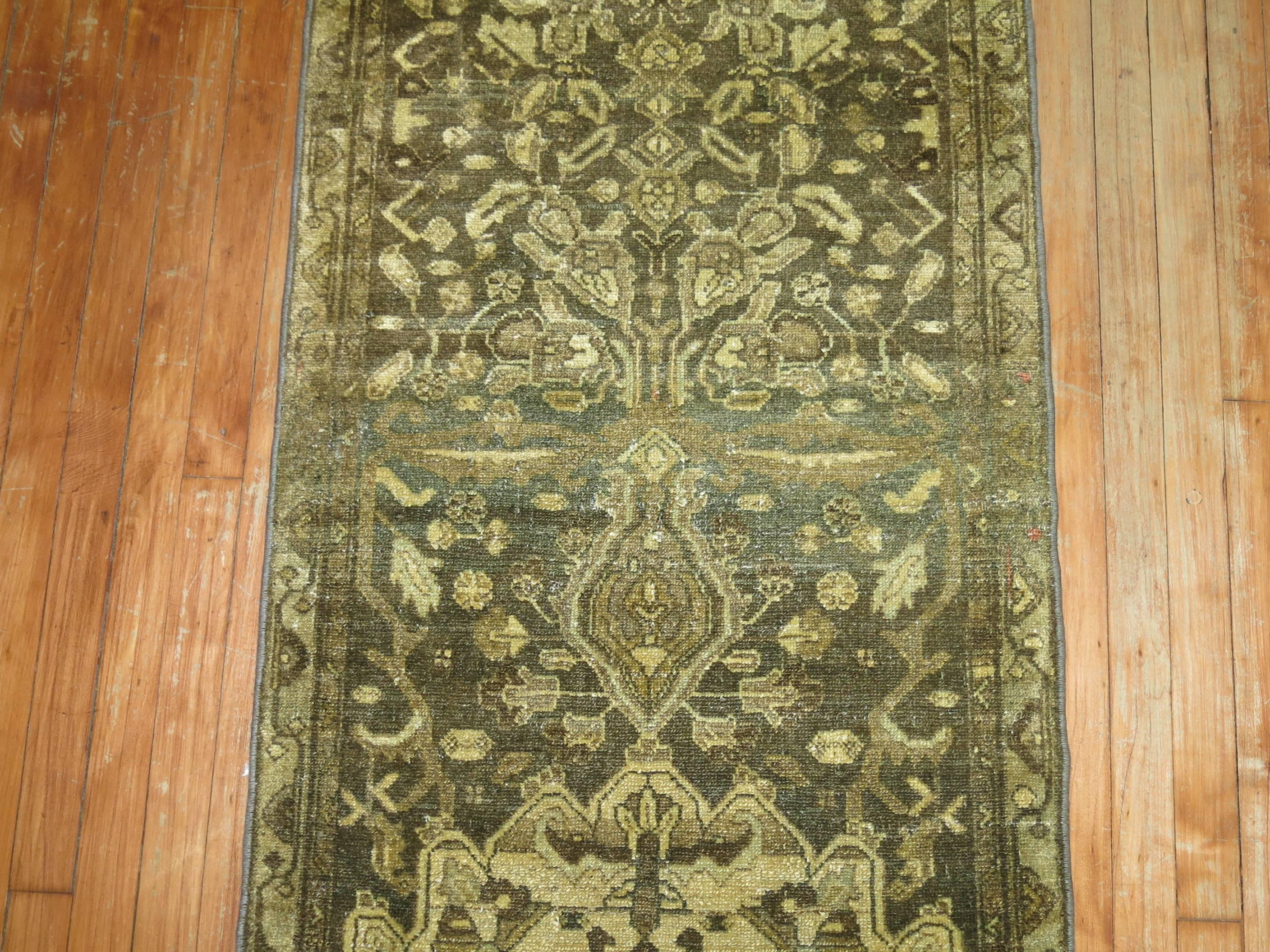 Hand-Knotted Army Olive Deep Green Brown Persian Malayer Runner For Sale