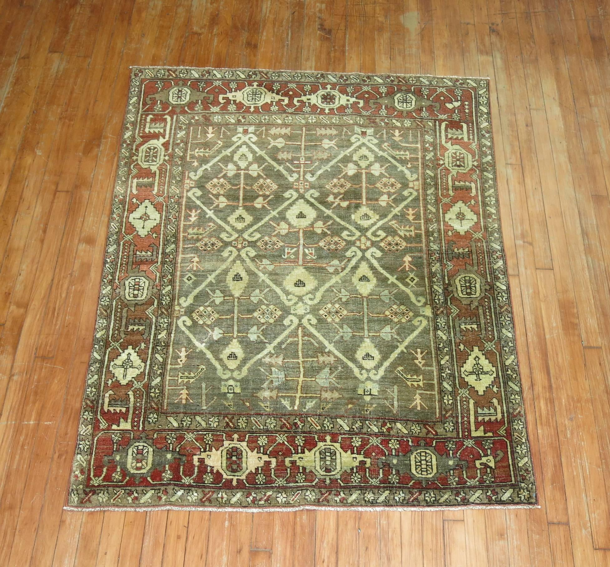 Malayer Green Brown Masculine Antique 20th Century Persian Heriz Rug For Sale
