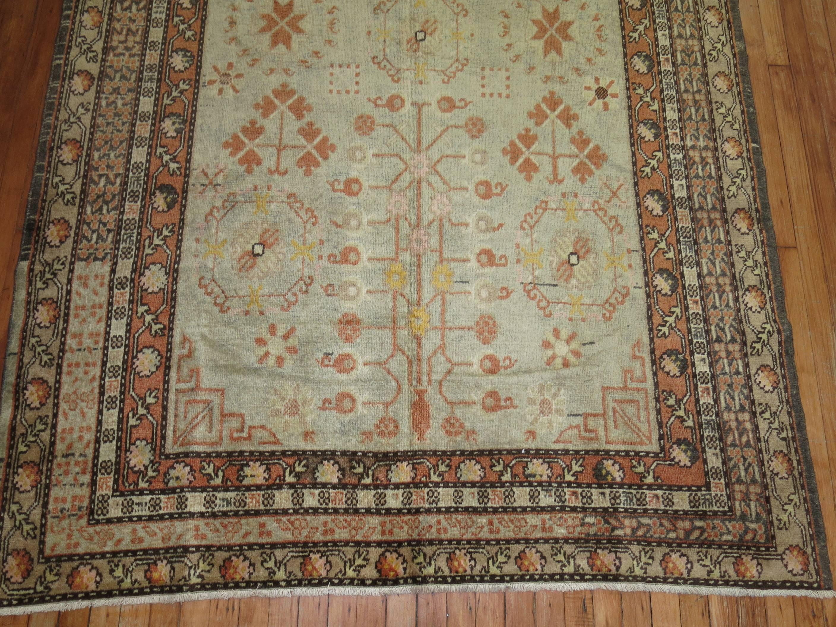 Authentic early 20th century Khotan rug with repetitive pomegranate motif on an ivory ground. Dominant accents in apricot and brown, circa 1920

Measures: 5'9