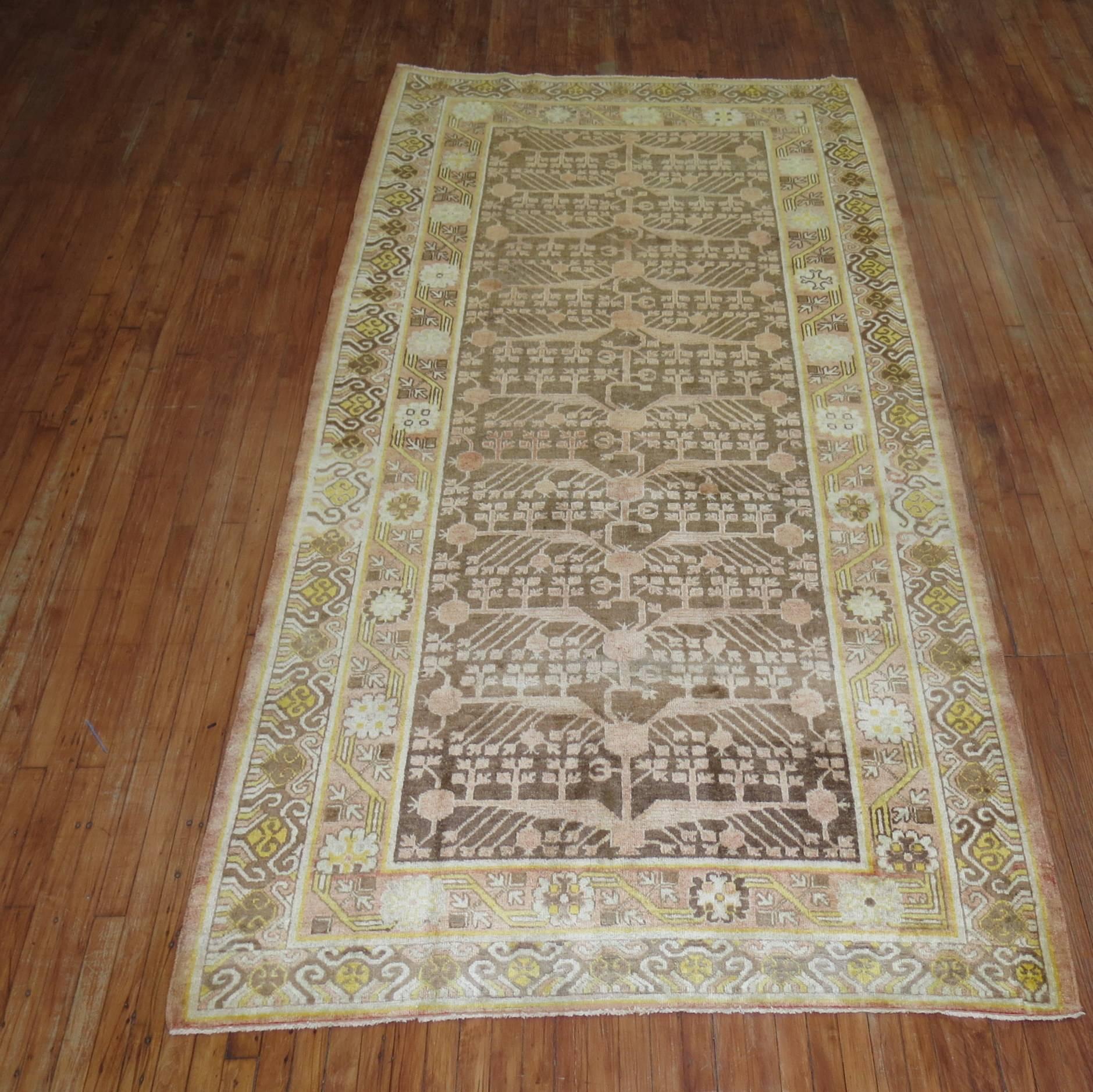 Early 20th Century Wool 20th Century Gallery Size Brown Yellow Khotan Pomegranate Design Rug For Sale