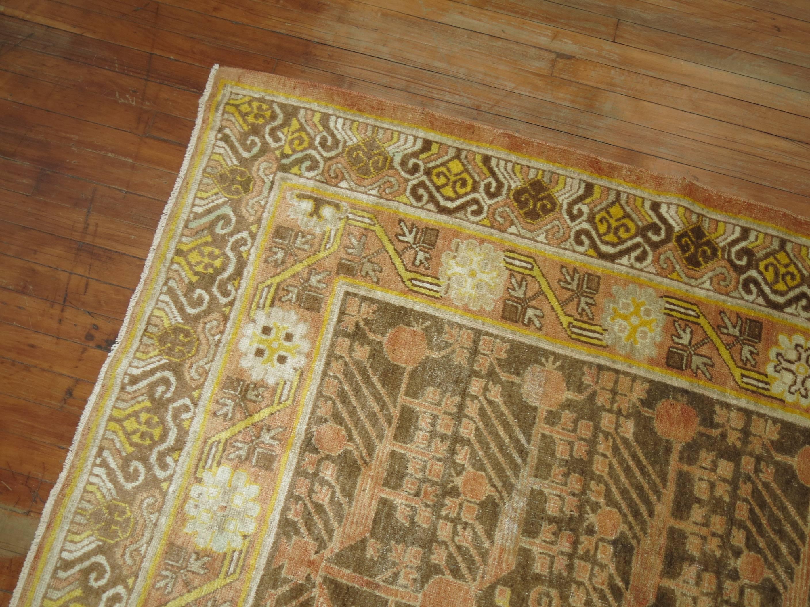 Wool 20th Century Gallery Size Brown Yellow Khotan Pomegranate Design Rug In Excellent Condition For Sale In New York, NY