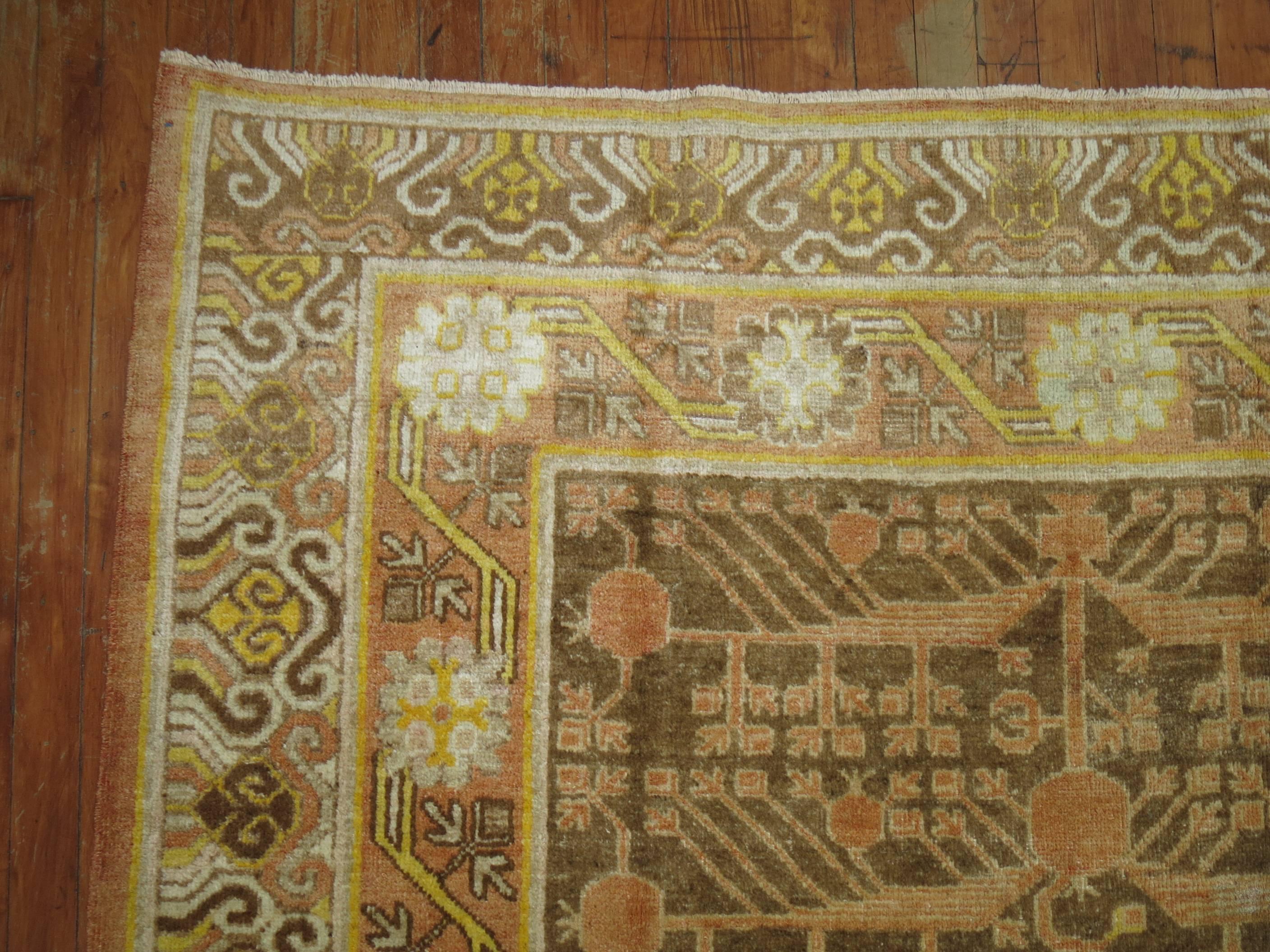 Hand-Painted Wool 20th Century Gallery Size Brown Yellow Khotan Pomegranate Design Rug For Sale