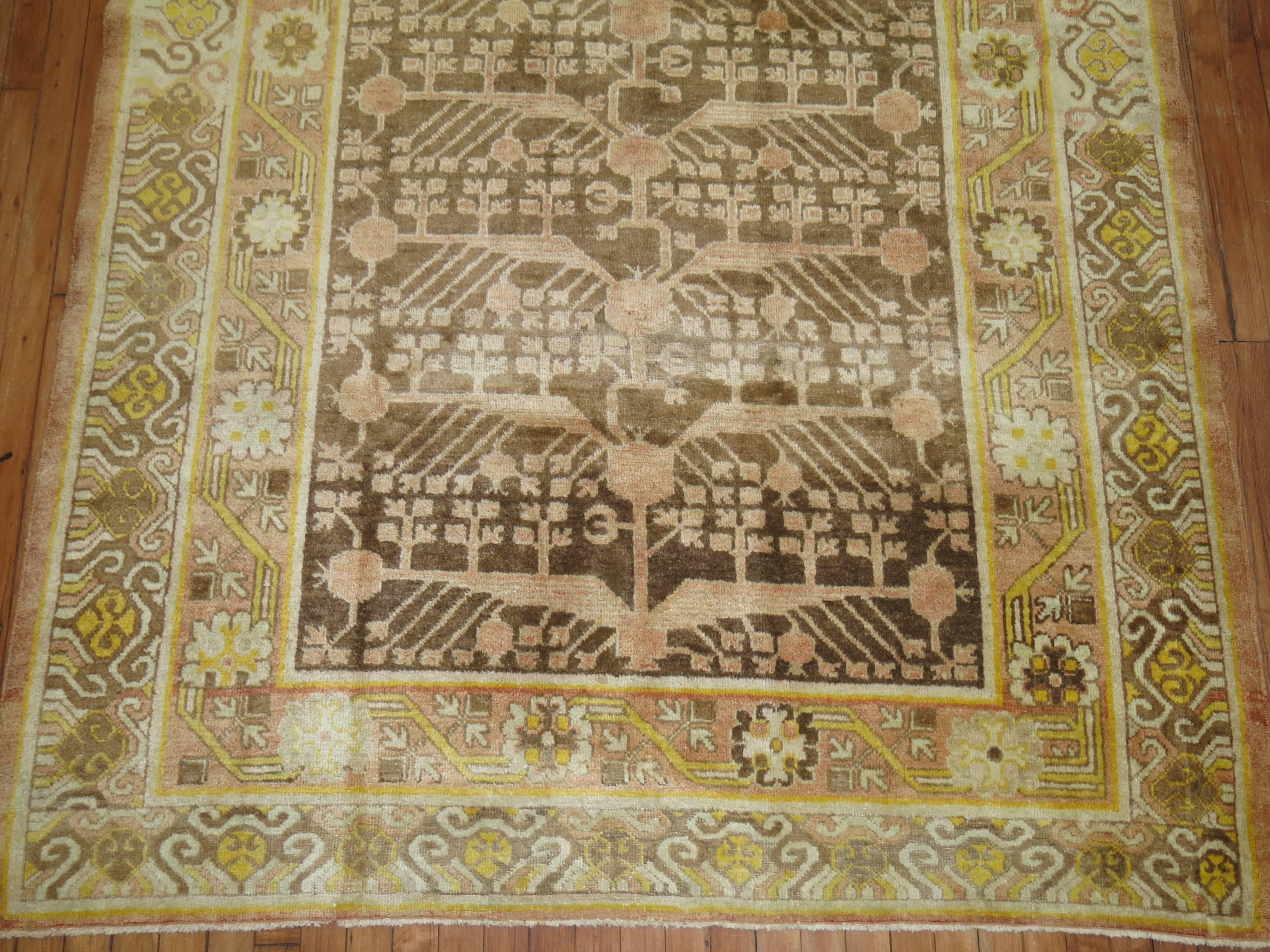 Auténtica alfombra Khotan de principios del siglo XX con motivo granado repetitivo en tonos predominantes en marrón, salmón y amarillo mostaza.

Medidas 5'7