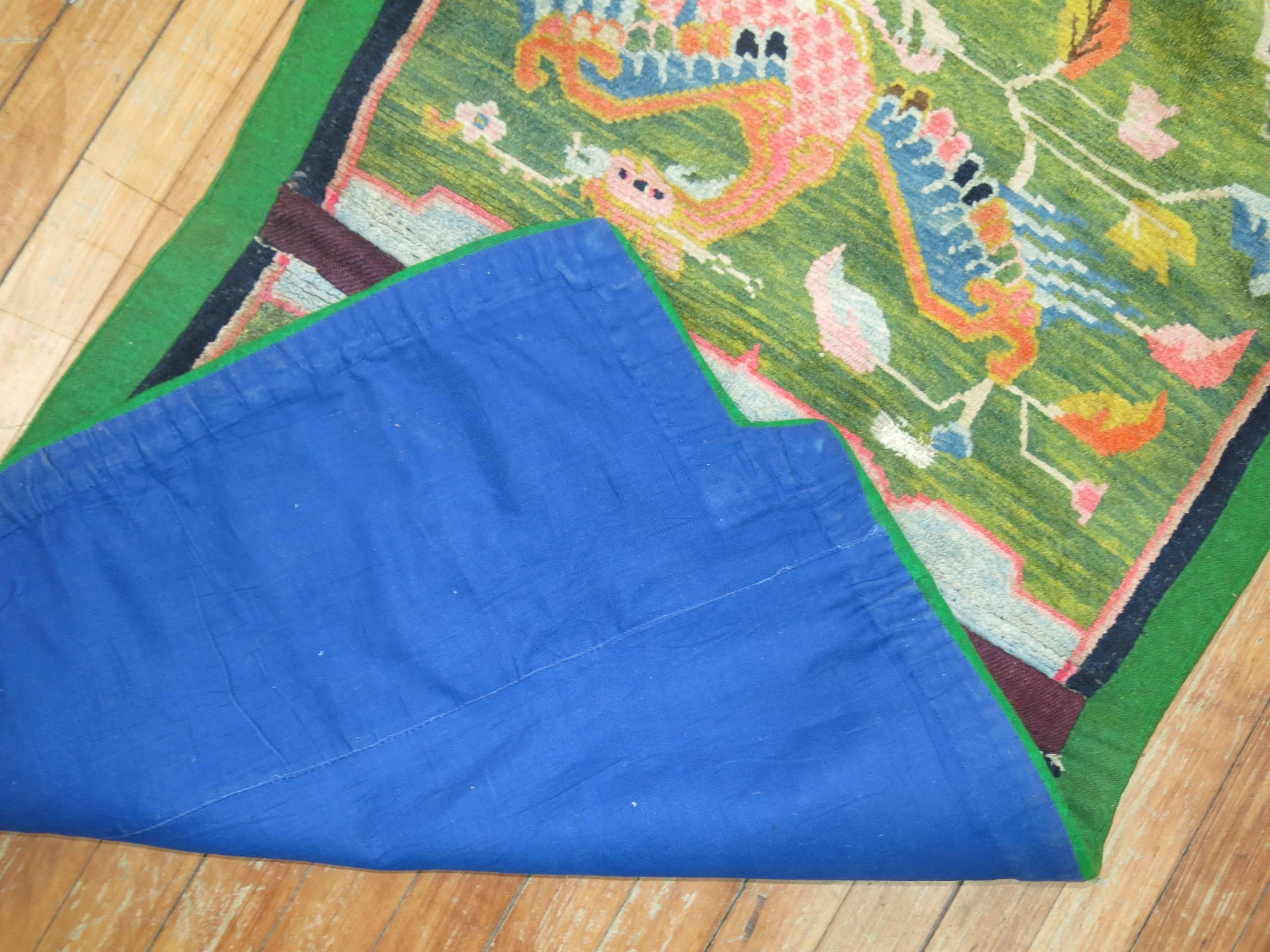 Folk Art Tibetan Textile Rug in Bright Apple Green