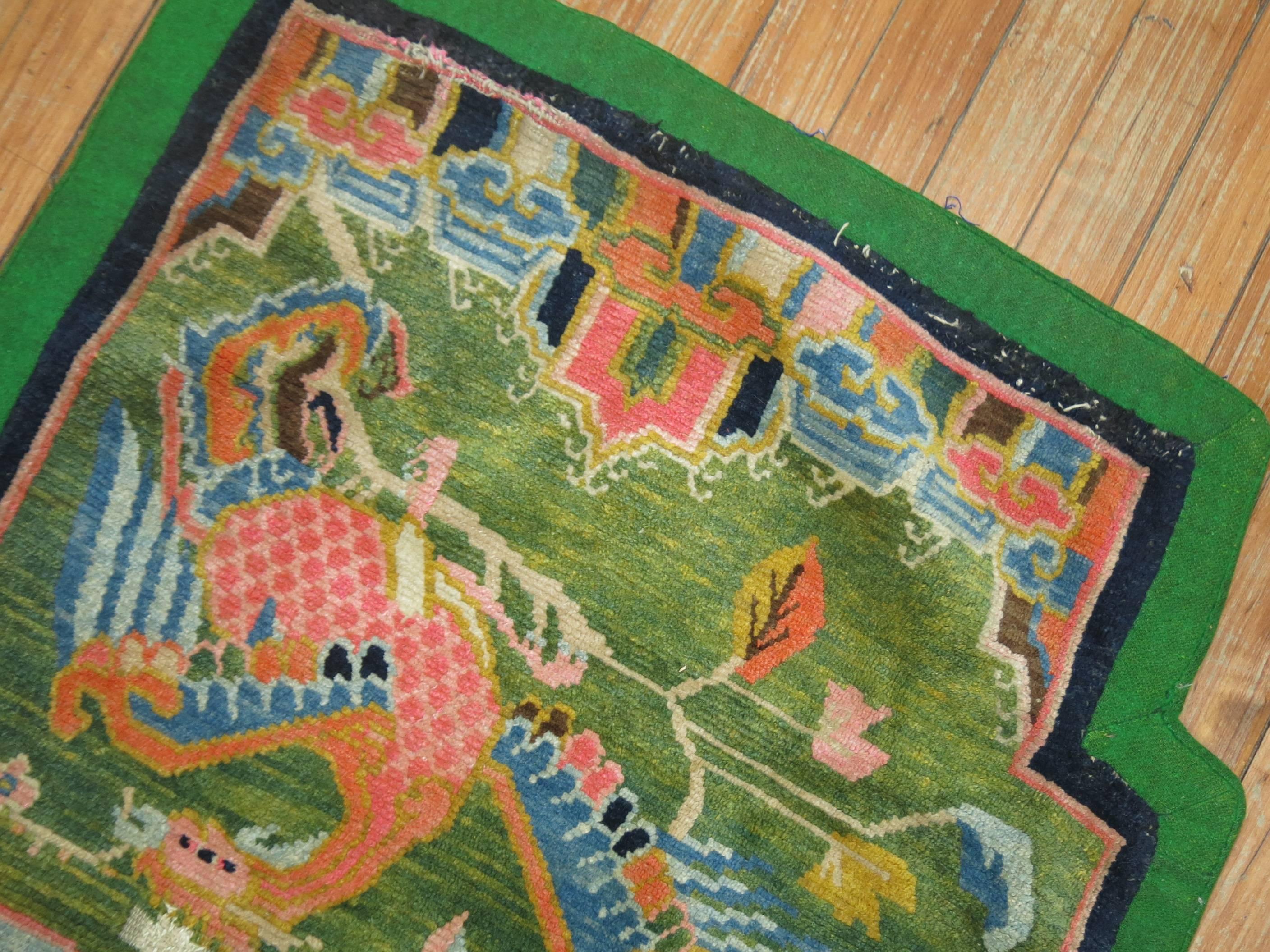 Hand-Woven Tibetan Textile Rug in Bright Apple Green