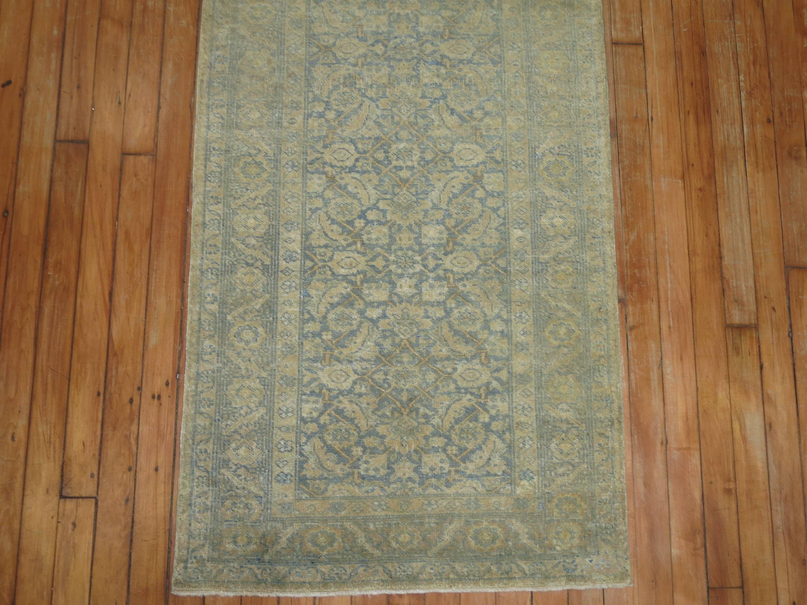 Zabihi Collection Narrow Pale Blue Gold Antique Persian Tabriz Runner In Good Condition For Sale In New York, NY