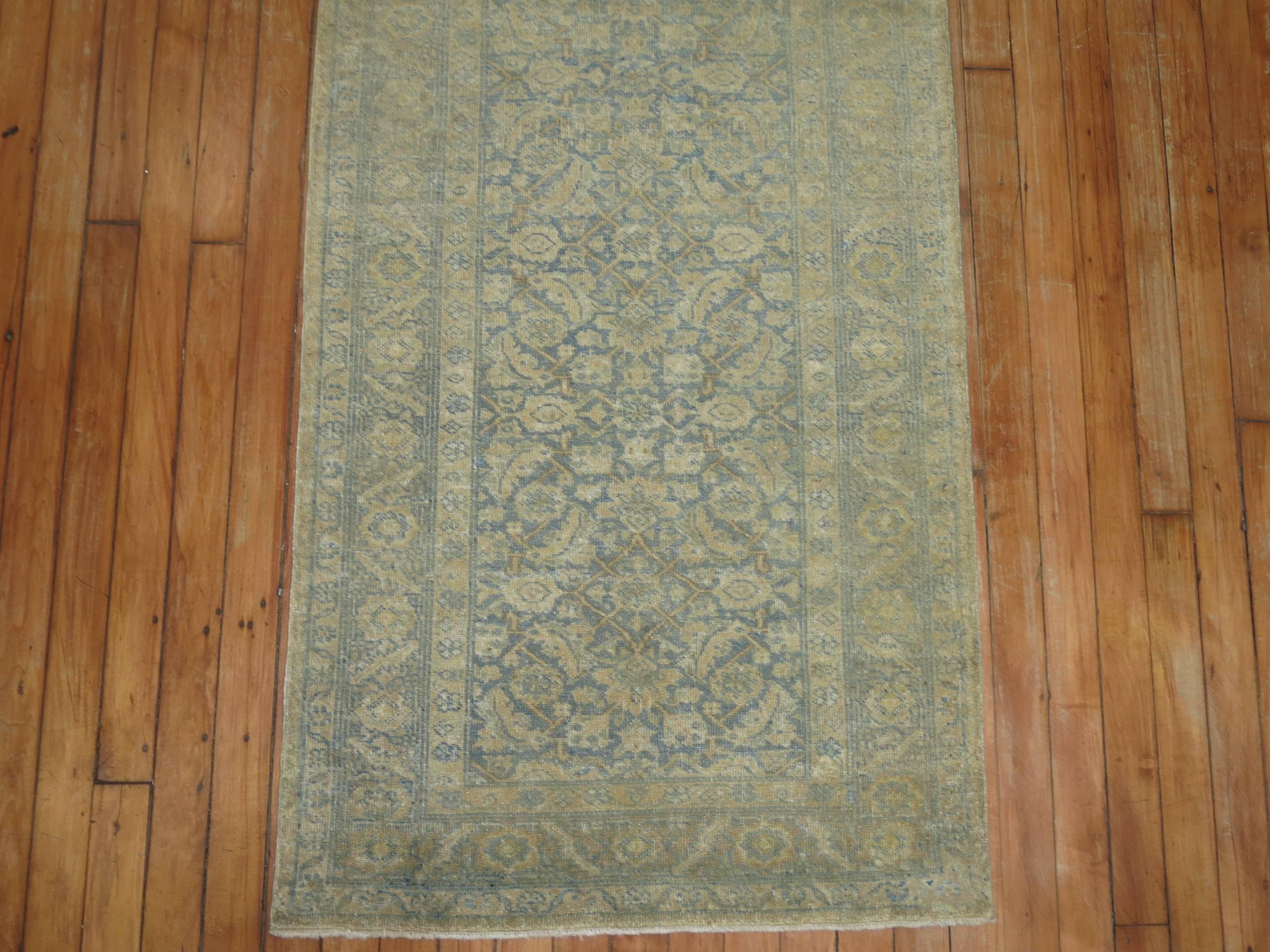 Narrow Pale Blue and Gold Handmade Persian Tabriz Runner In Good Condition For Sale In New York, NY