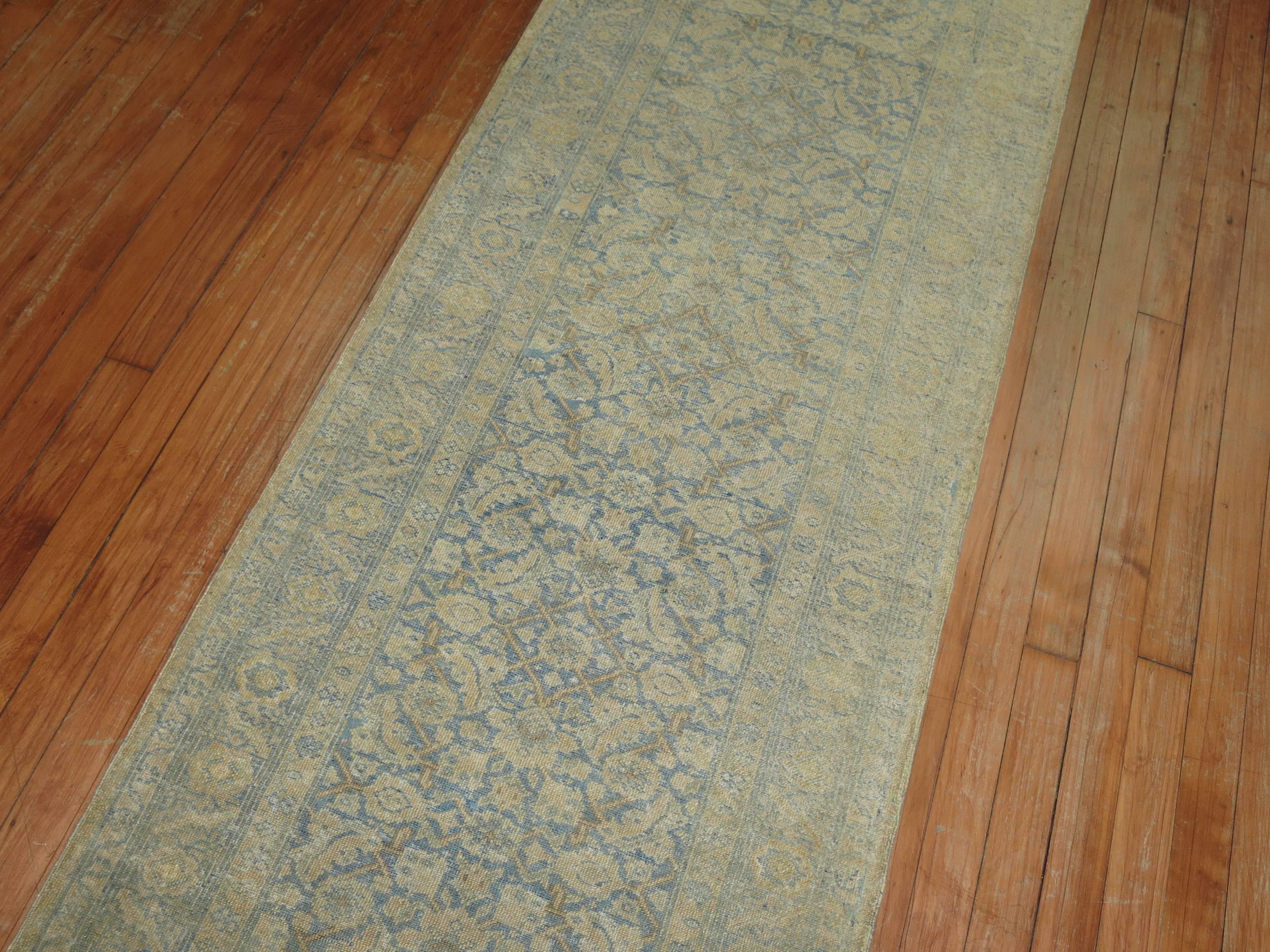 Malayer Narrow Pale Blue and Gold Handmade Persian Tabriz Runner For Sale