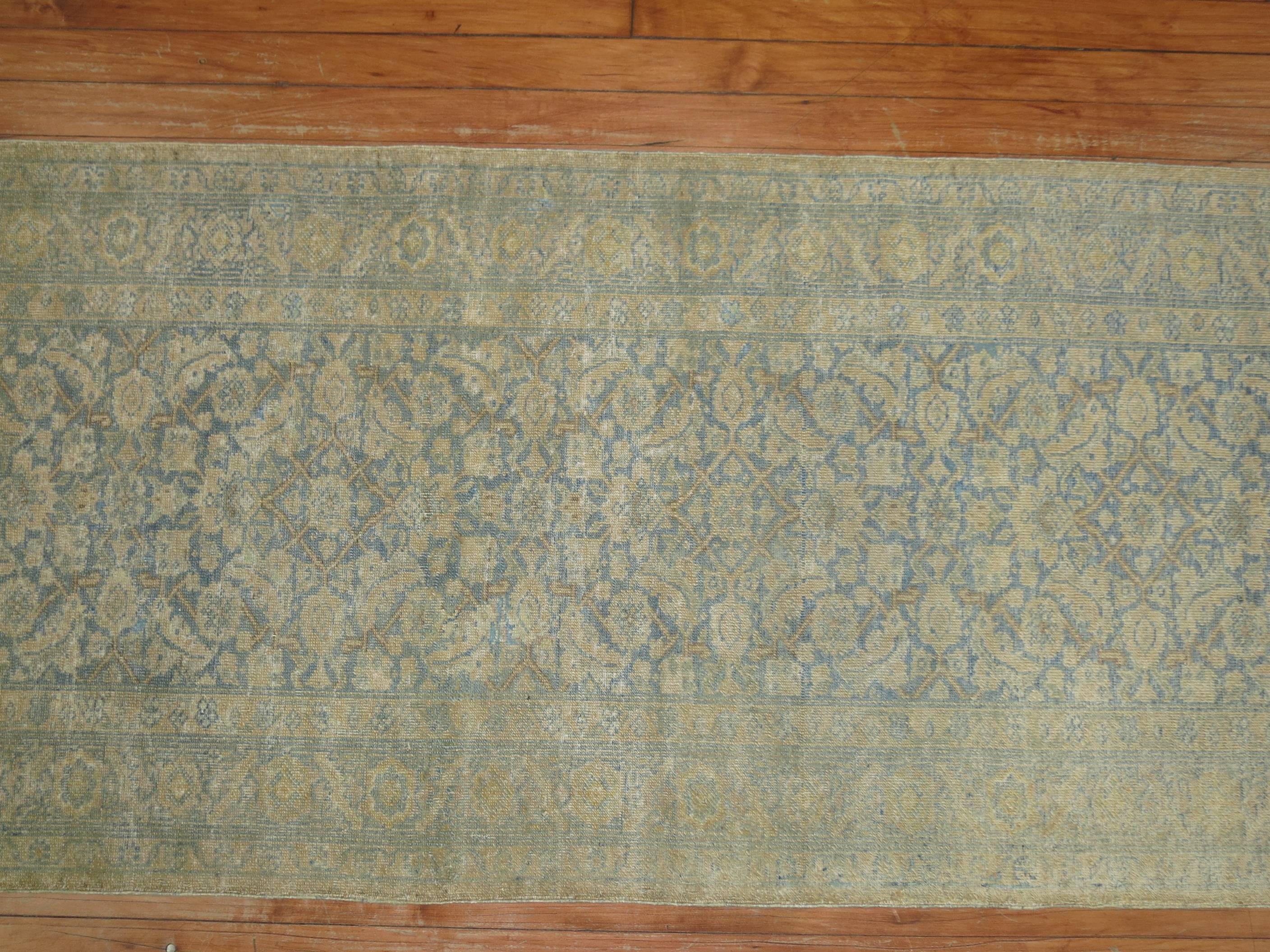 Hand-Woven Narrow Pale Blue and Gold Handmade Persian Tabriz Runner For Sale