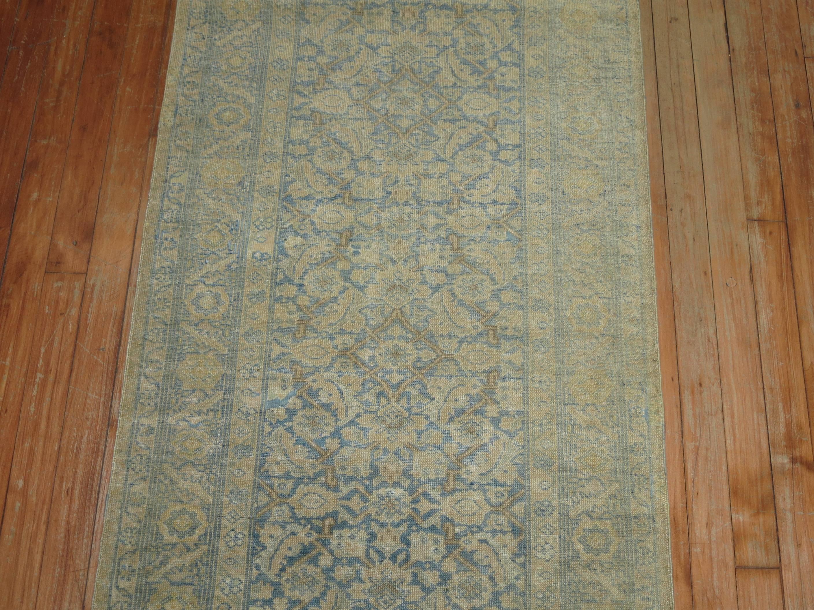 Wool Narrow Pale Blue and Gold Handmade Persian Tabriz Runner For Sale