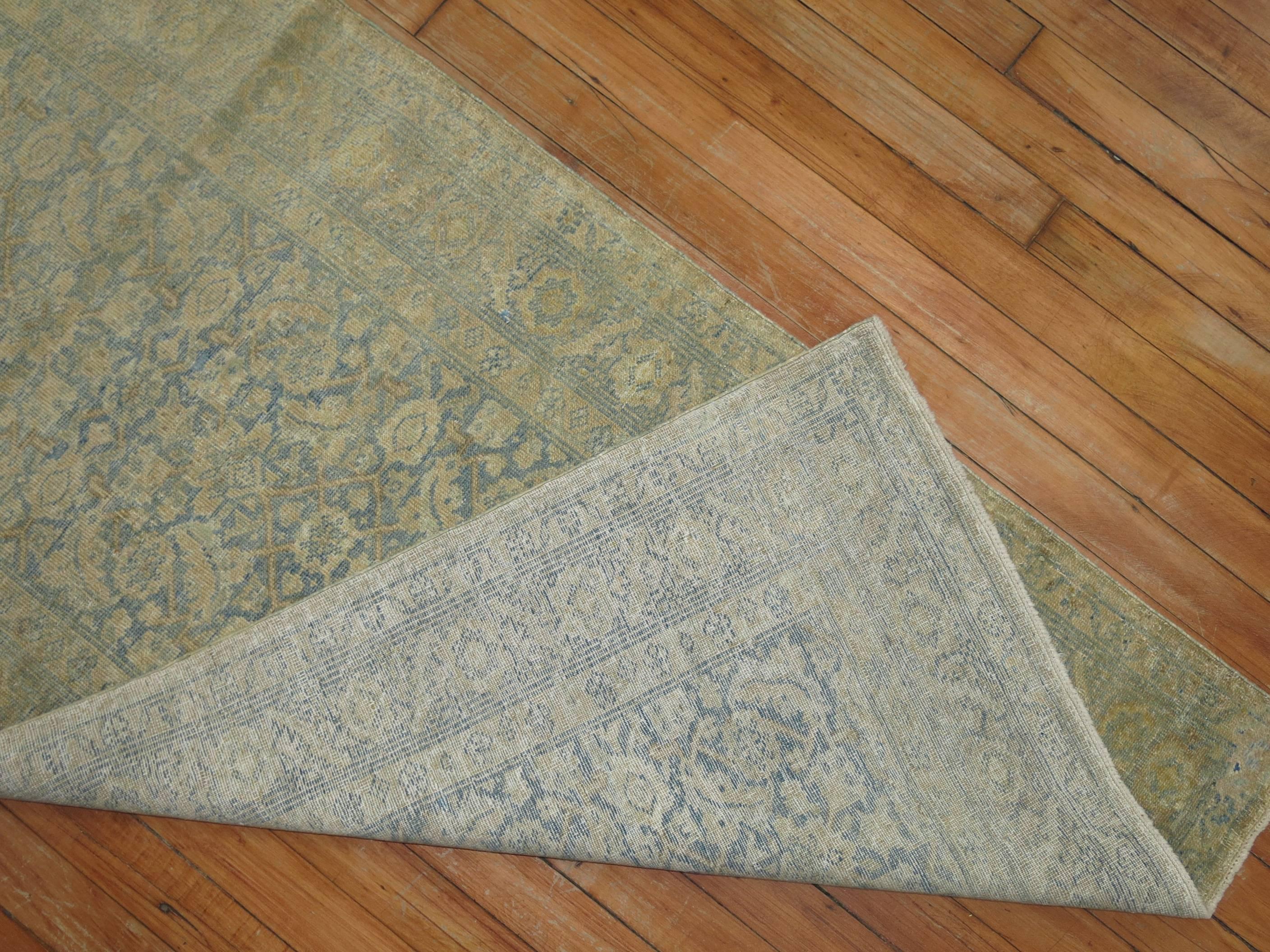 Narrow Pale Blue and Gold Handmade Persian Tabriz Runner For Sale 1