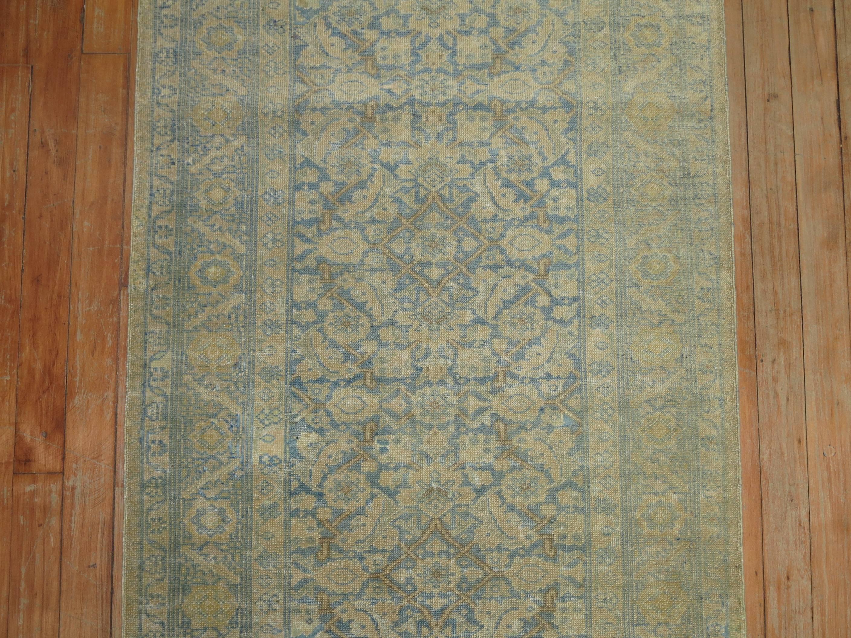 Narrow Pale Blue and Gold Handmade Persian Tabriz Runner For Sale 2