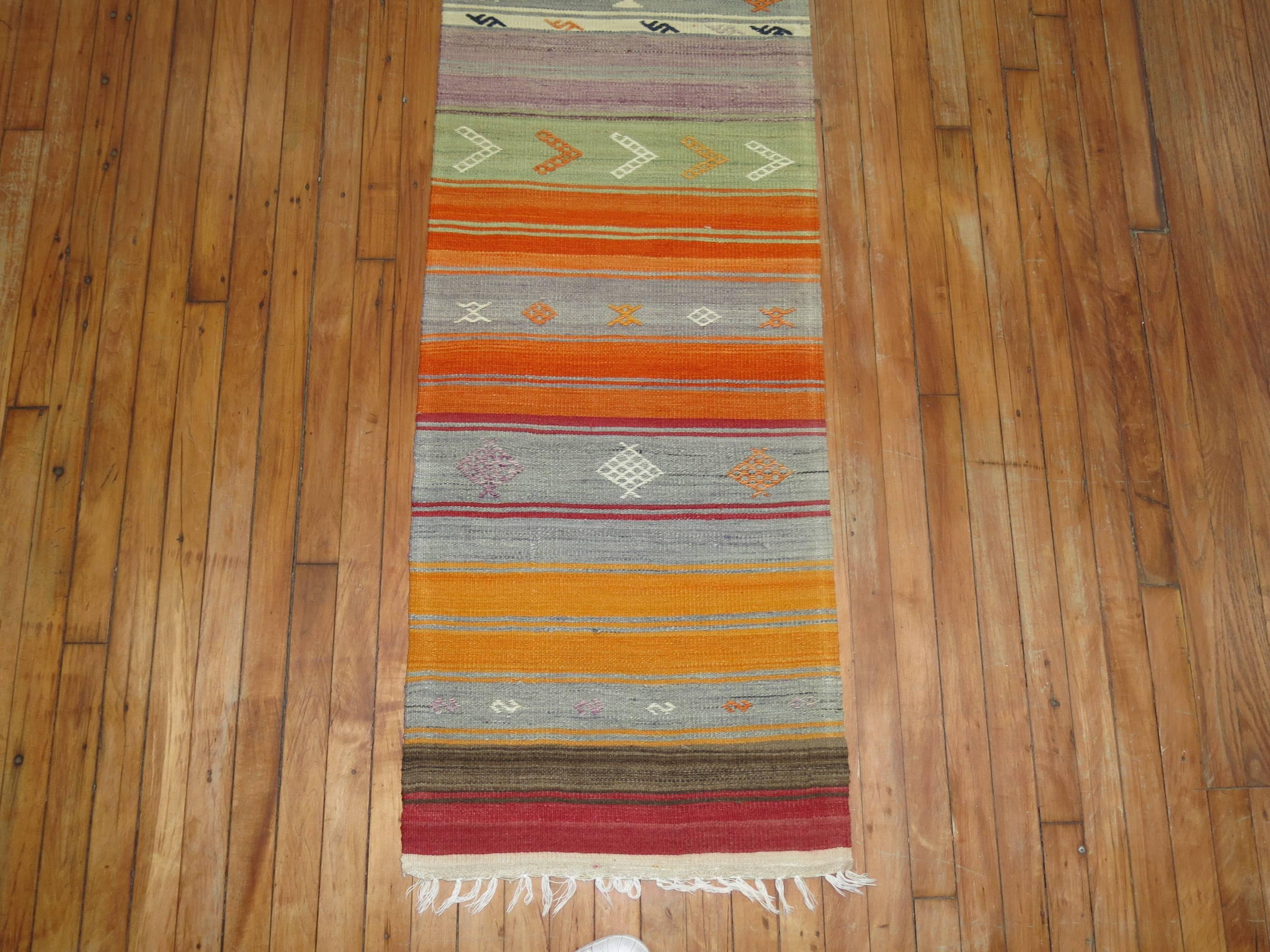 Rare size vintage Turkish Kilim runner. Original size meant for a long and narrow hallway.

1'10'' x 17'7''