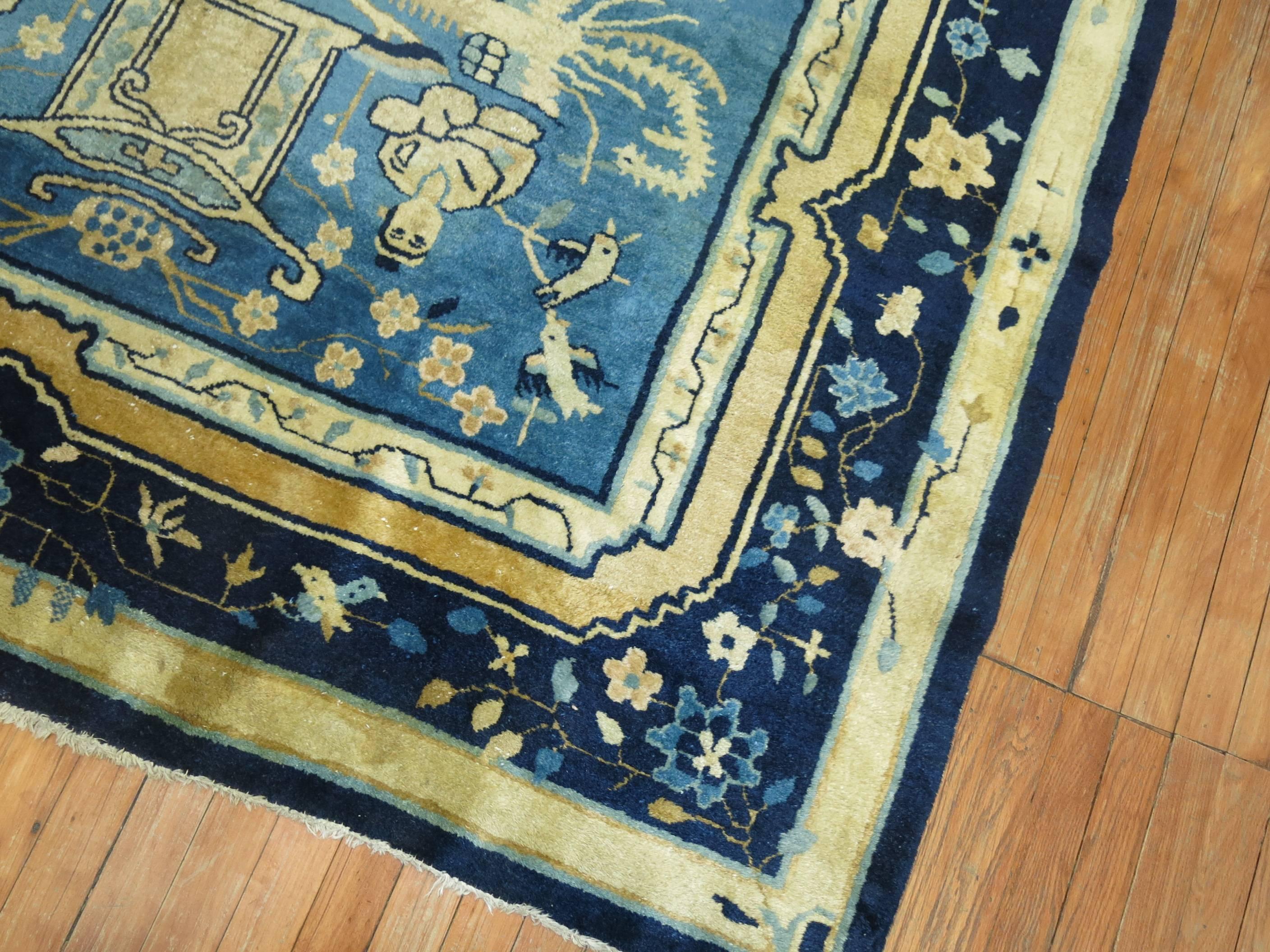 Alfombra de Pekín Antigua Pictórica China Azul Tejido a mano en venta