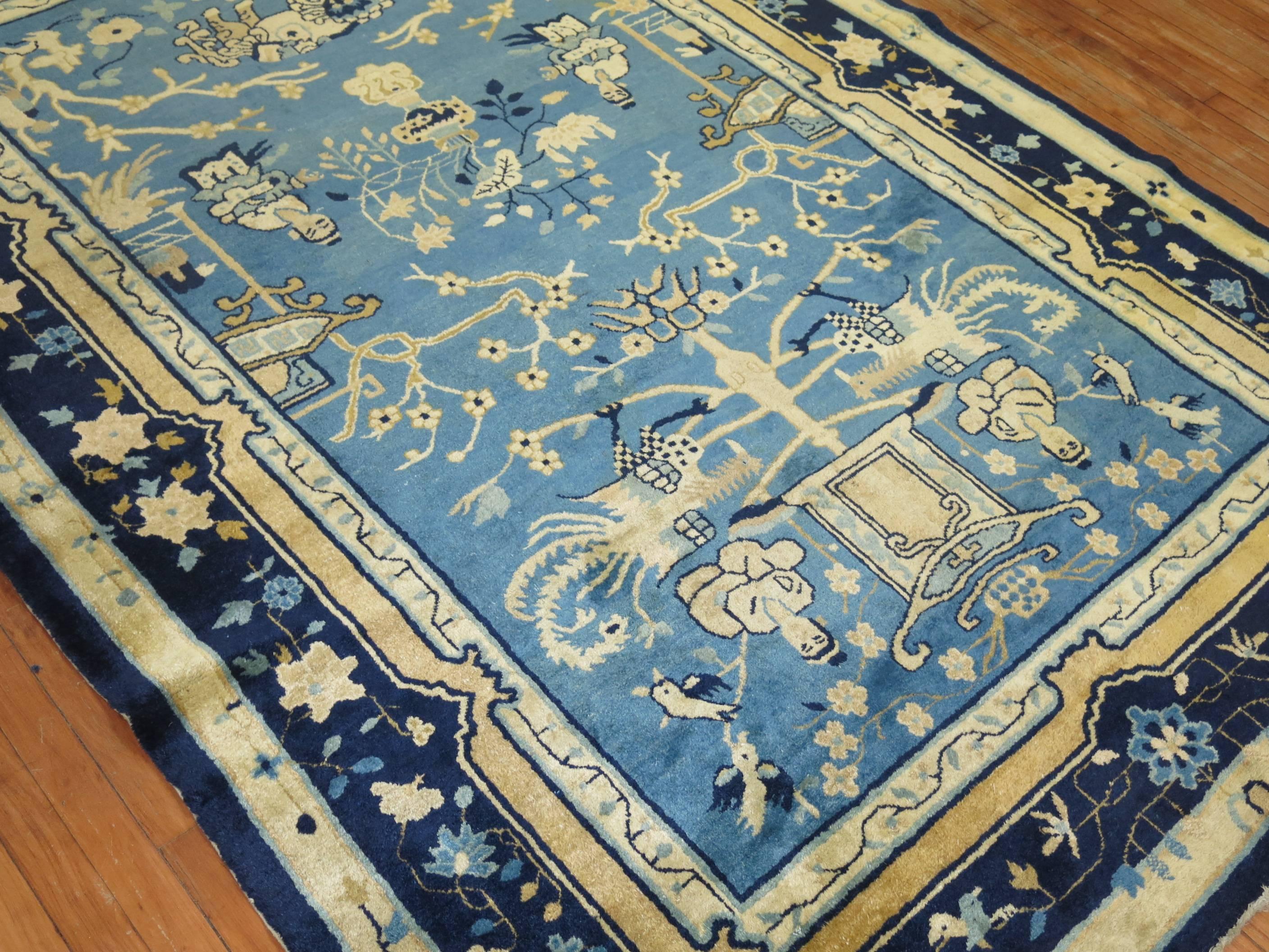 Wool Blue Chinese Pictorial Antique Peking Rug For Sale
