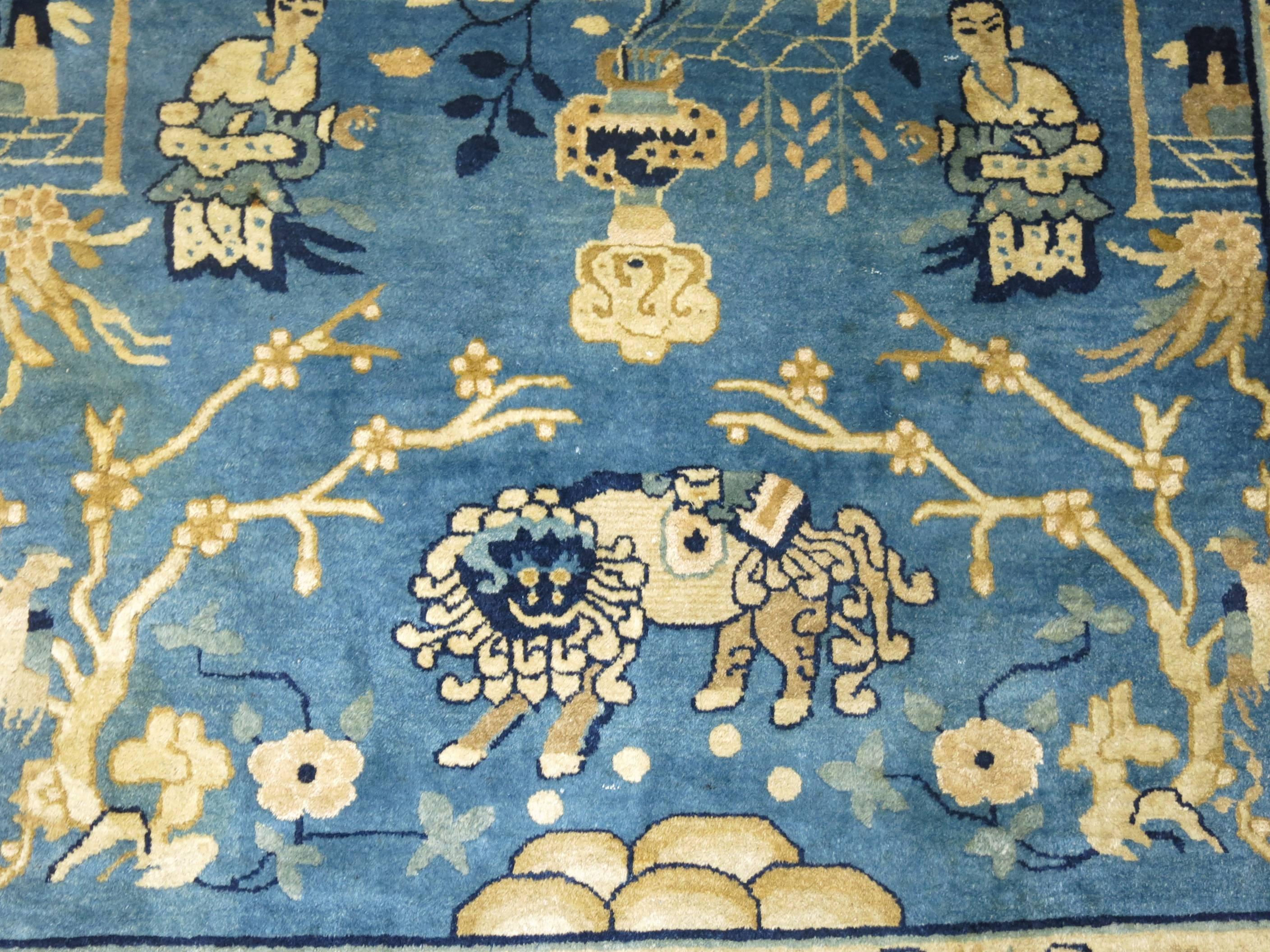 20th Century Blue Chinese Pictorial Antique Peking Rug For Sale