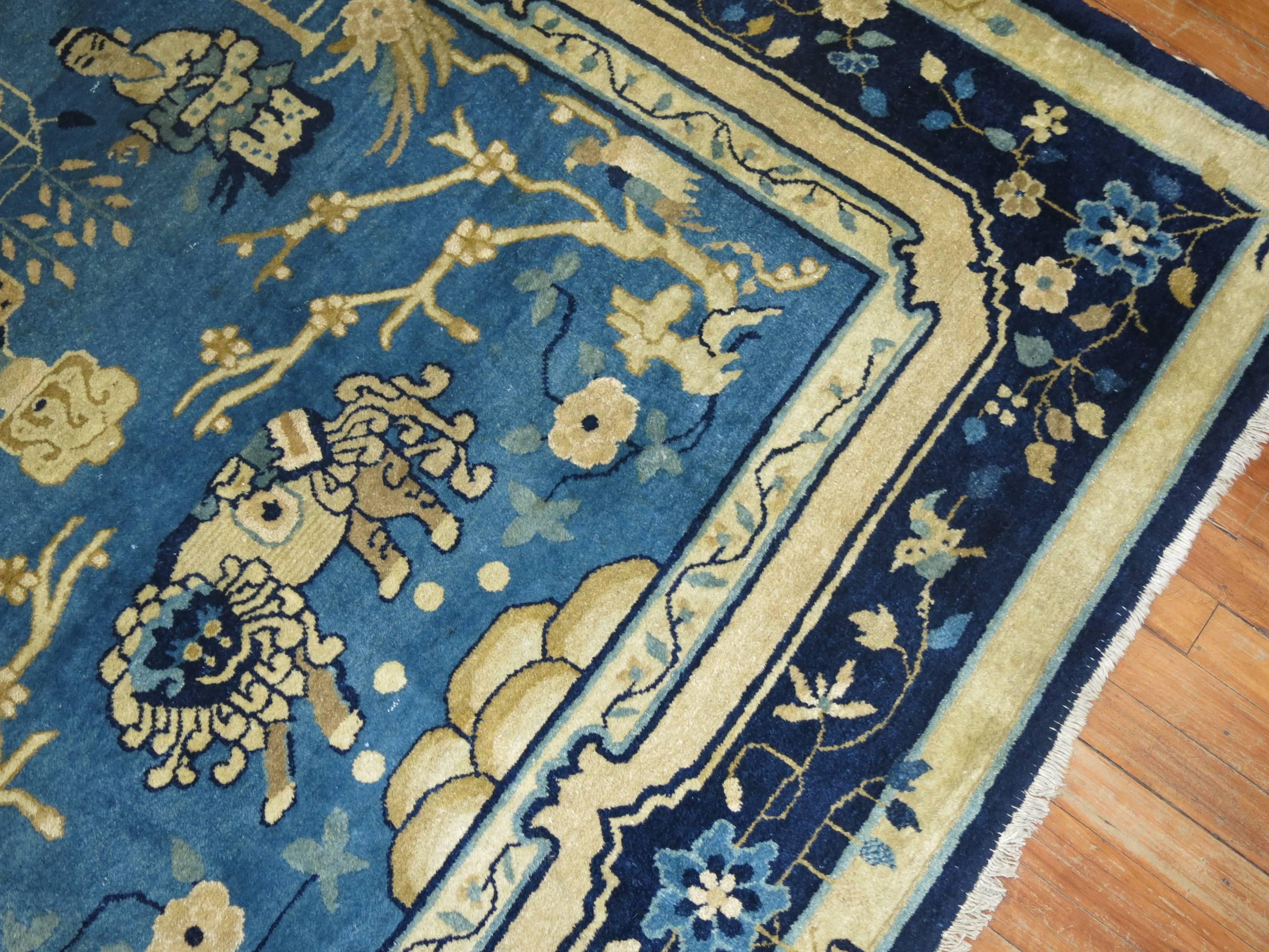 Blue Chinese Pictorial Antique Peking Rug In Good Condition For Sale In New York, NY