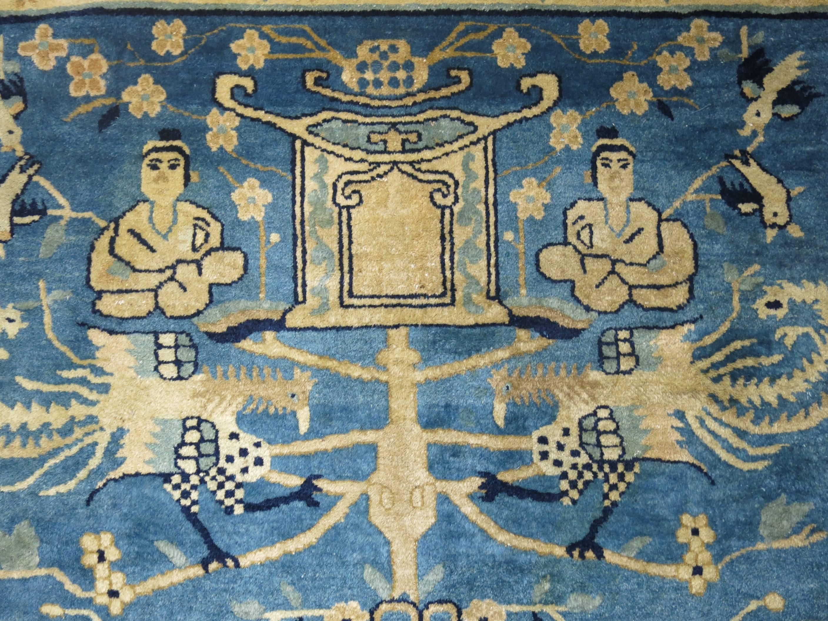 Hand-Woven Blue Chinese Pictorial Antique Peking Rug For Sale