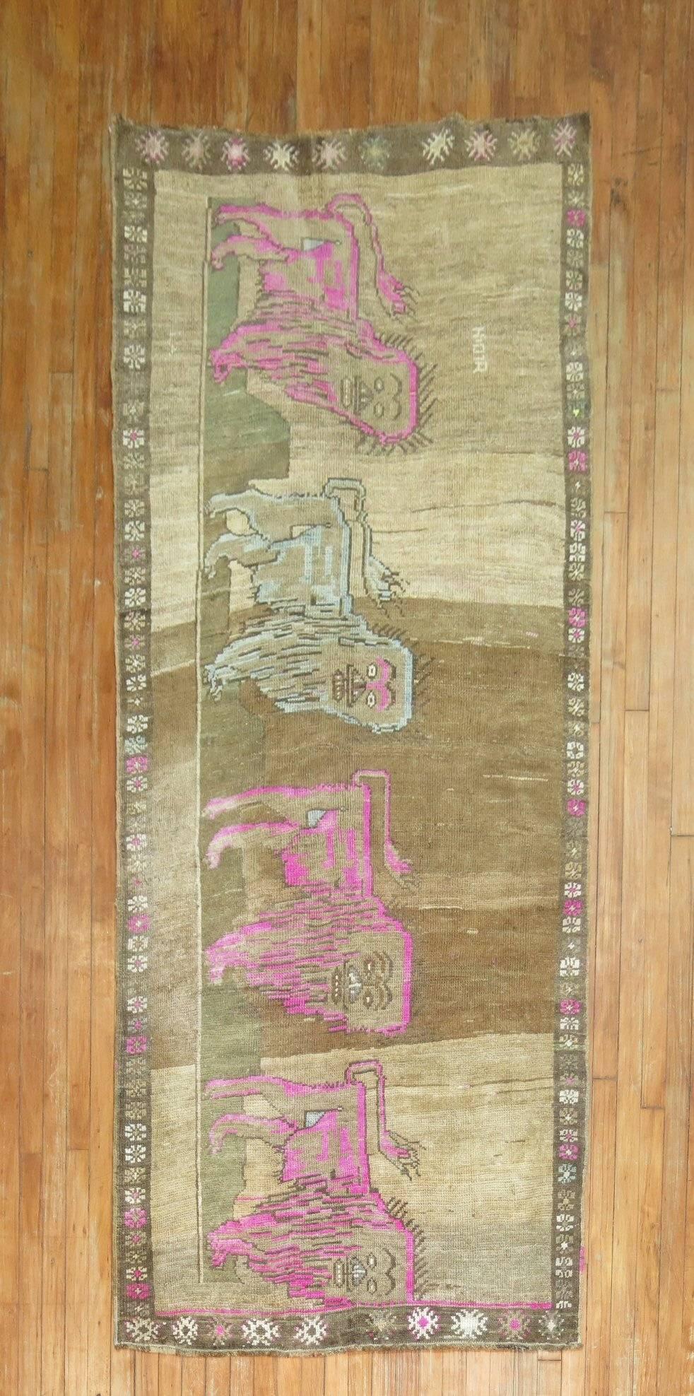 Folk Art Zabihi Collection Lion Turkish Runner For Sale