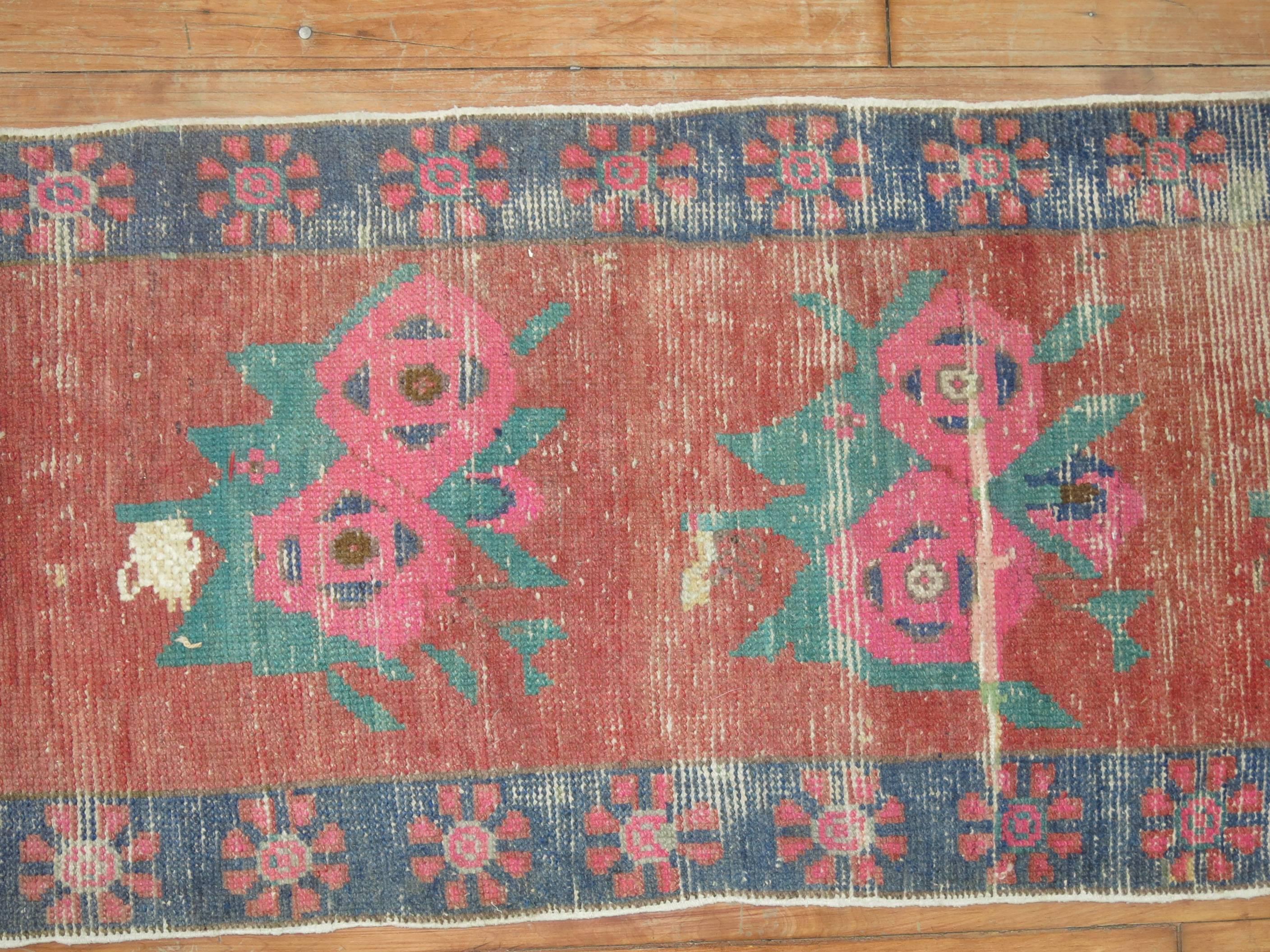 Zabihi Collection 1965 Turkish Floral Narrow Runner  In Distressed Condition For Sale In New York, NY