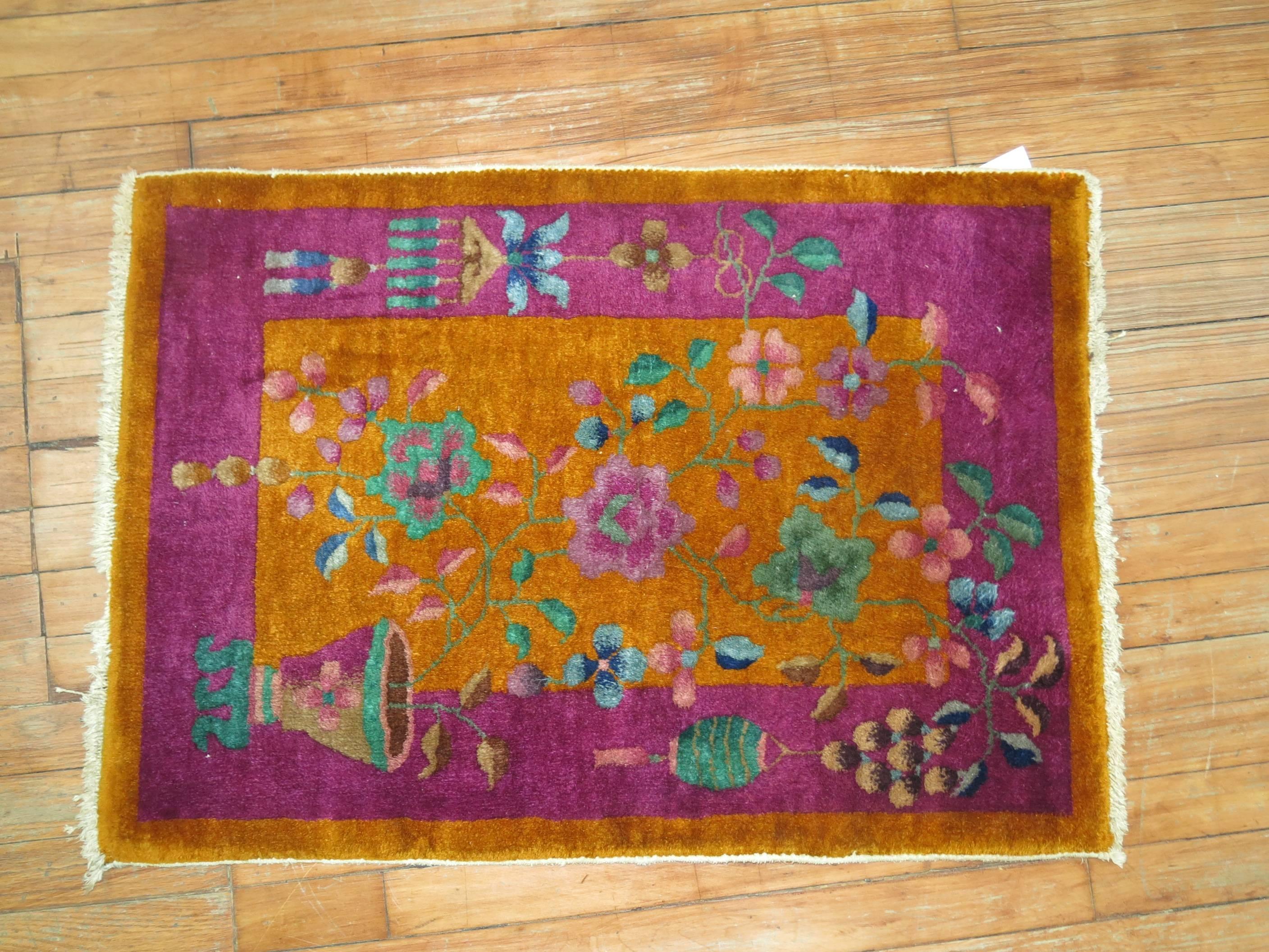 A jazzy colored full pile excellent condition Chinese Art Deco rug mat from the mid-20th century.