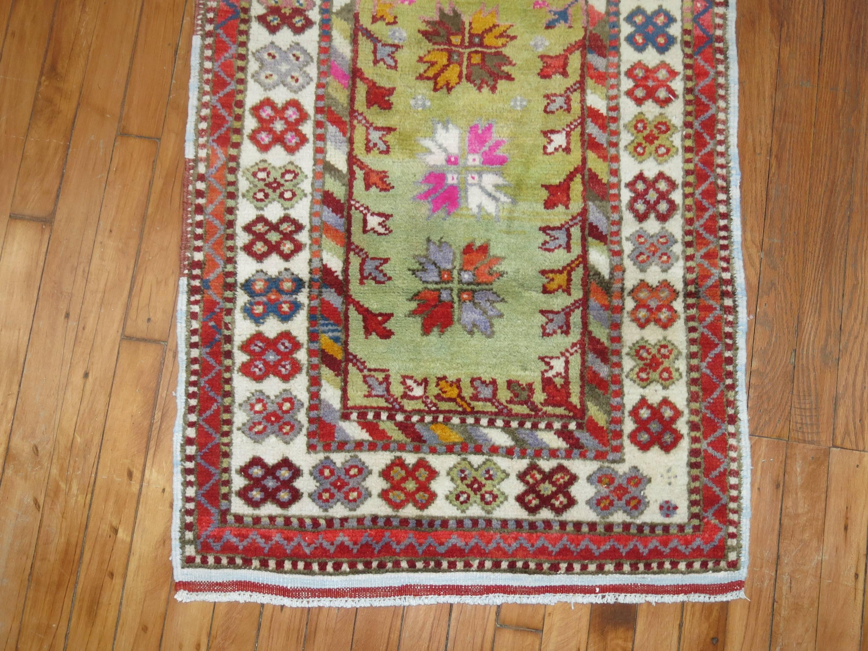 Turkish Vintage Anatolian Throw Rug In Bright Green and Pink
