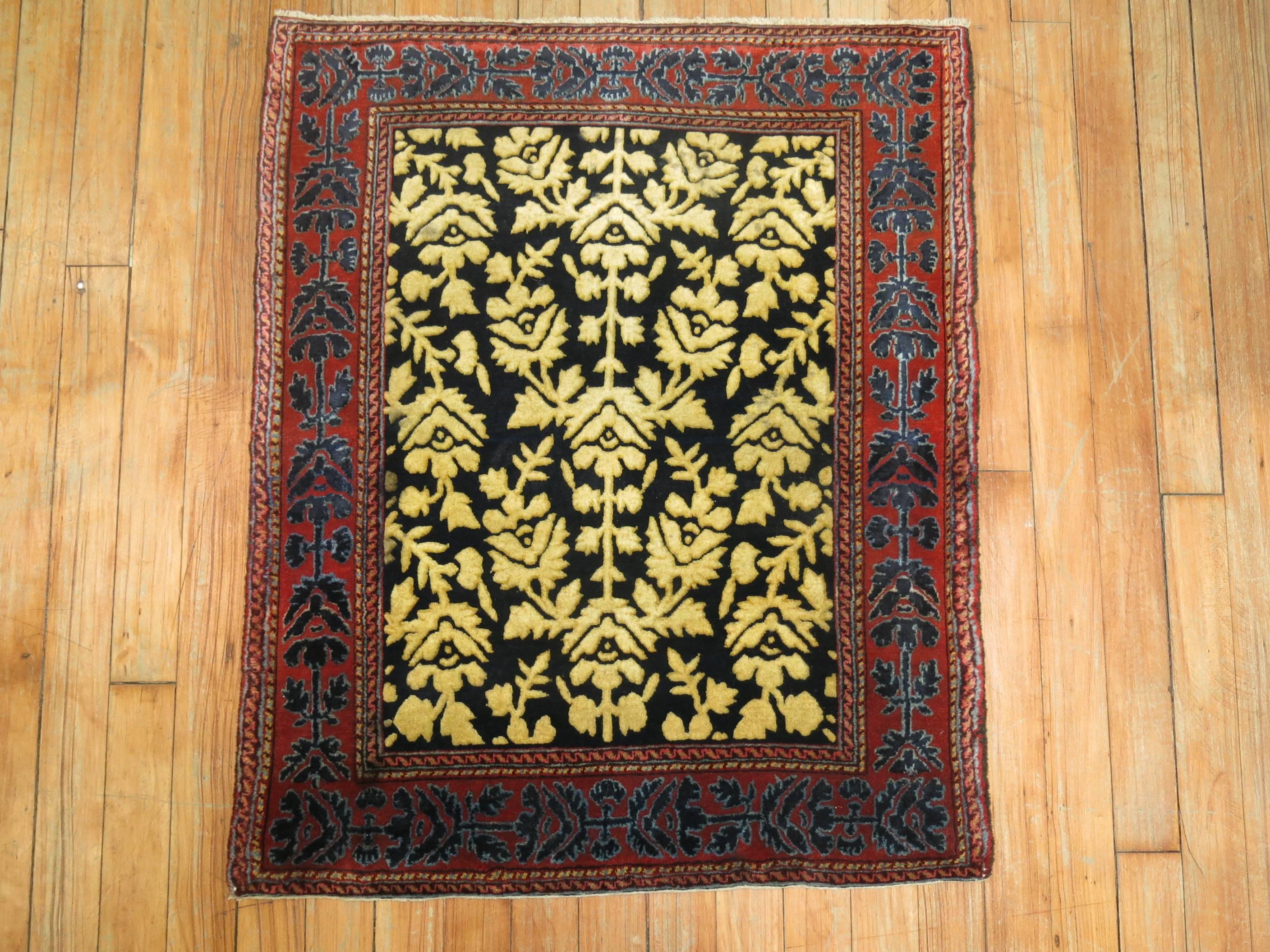 An early 20th century Souf carpet woven somewhere in Iran. Whereabouts are unknown but we suspect it’s from the sarouk Jozan region.

2'1'' x 2'7''

Souf rugs are very rare technique found as they have a raised low and high pile technique. They are