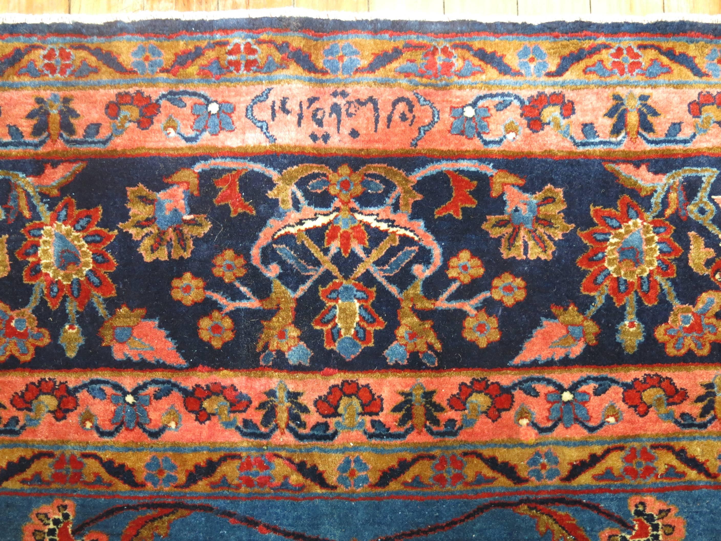 Antique Manchester Kashan Rug in Blue Tones, Signed In Excellent Condition In New York, NY