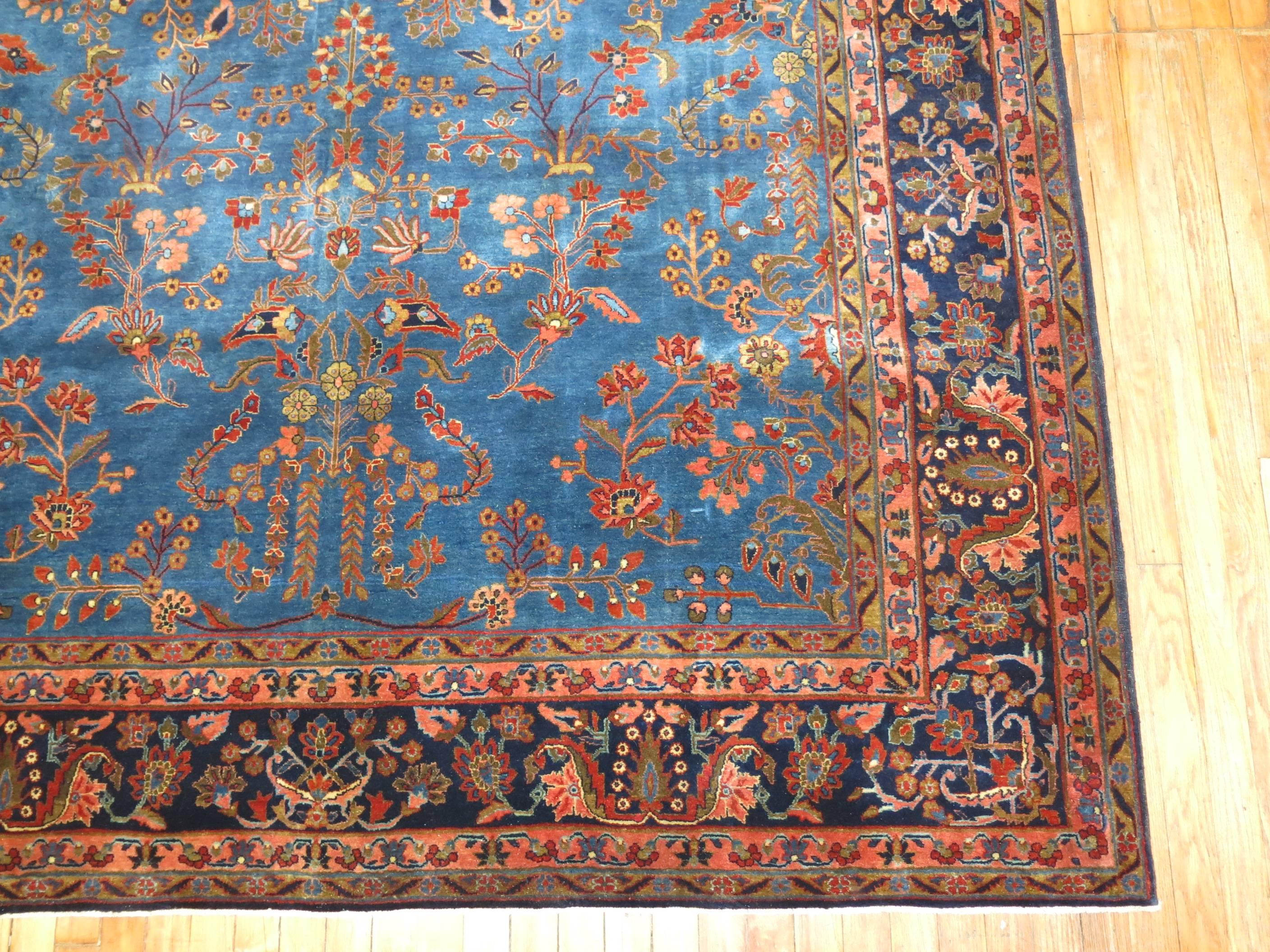 Persian Antique Manchester Kashan Rug in Blue Tones, Signed