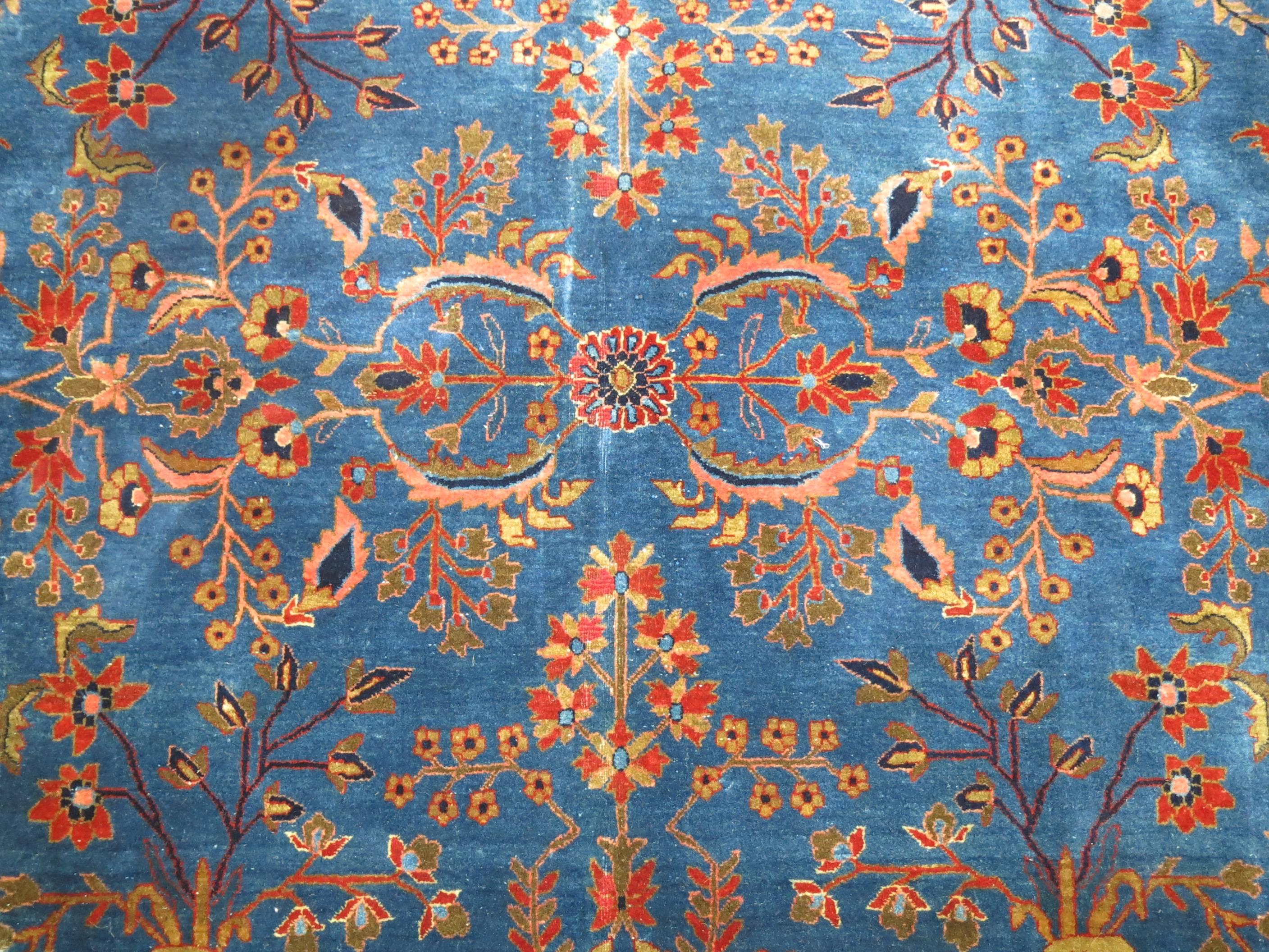 Wool Antique Manchester Kashan Rug in Blue Tones, Signed