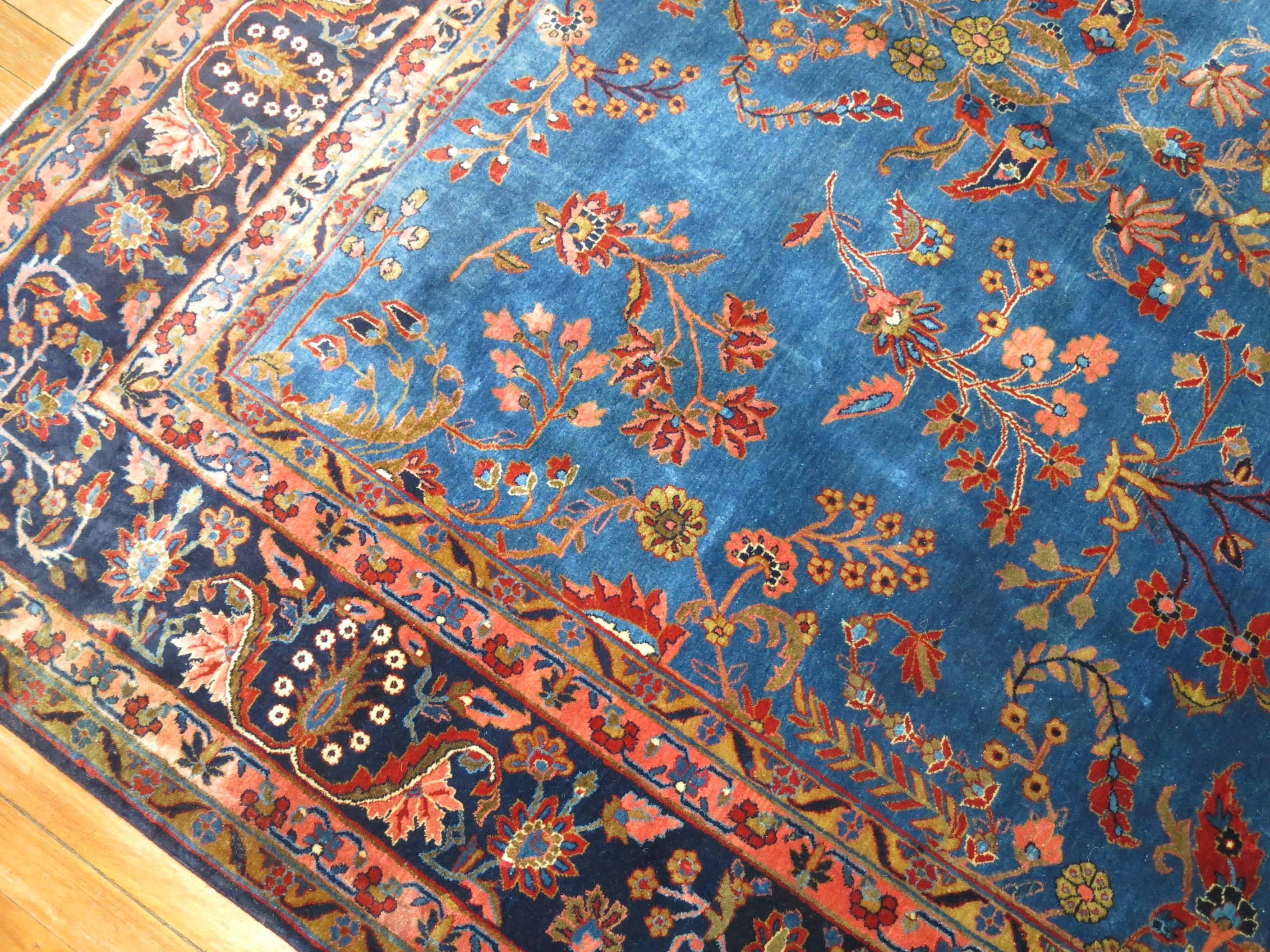 20th Century Antique Manchester Kashan Rug in Blue Tones, Signed