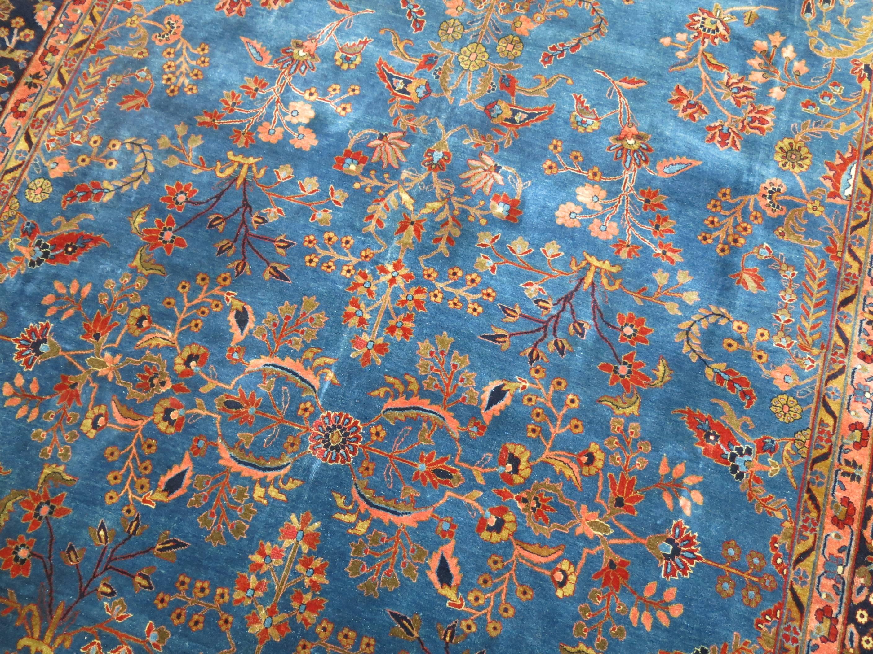 Hand-Woven Antique Manchester Kashan Rug in Blue Tones, Signed