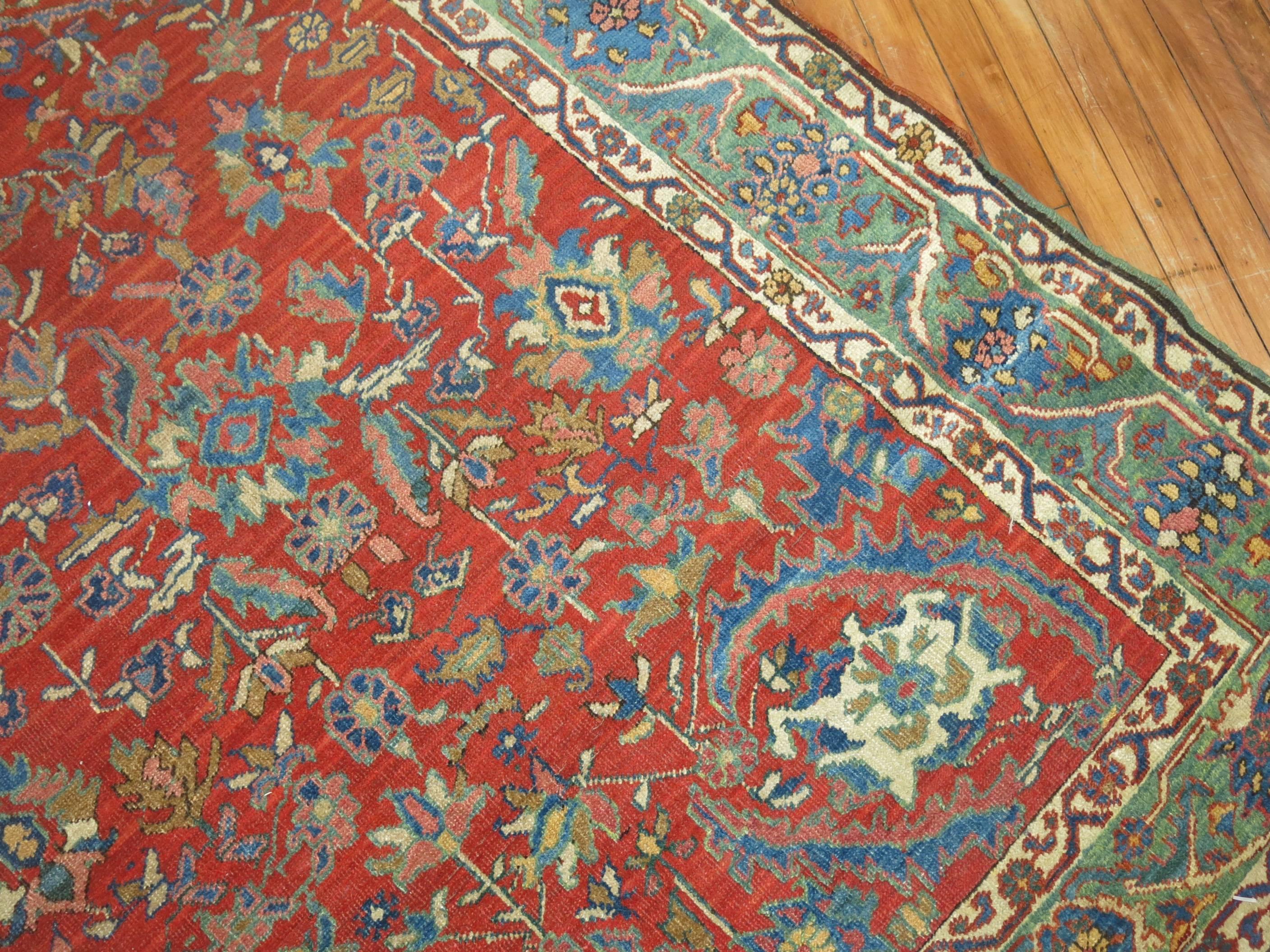 Zabihi Collection Coral Antique Heriz 20th Century Carpet  In Good Condition For Sale In New York, NY