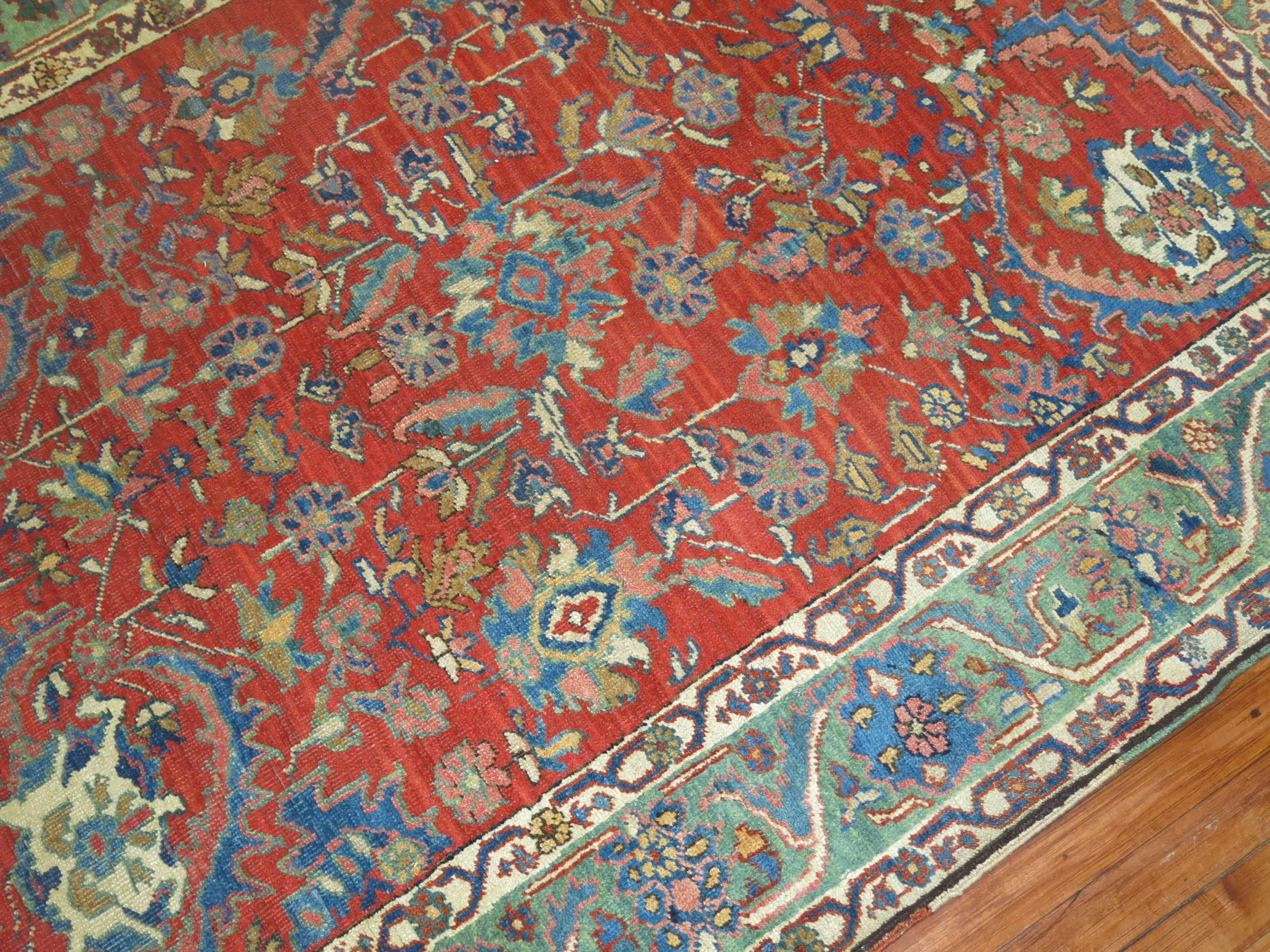 Zabihi Collection Coral Antique Heriz 20th Century Carpet  For Sale 1