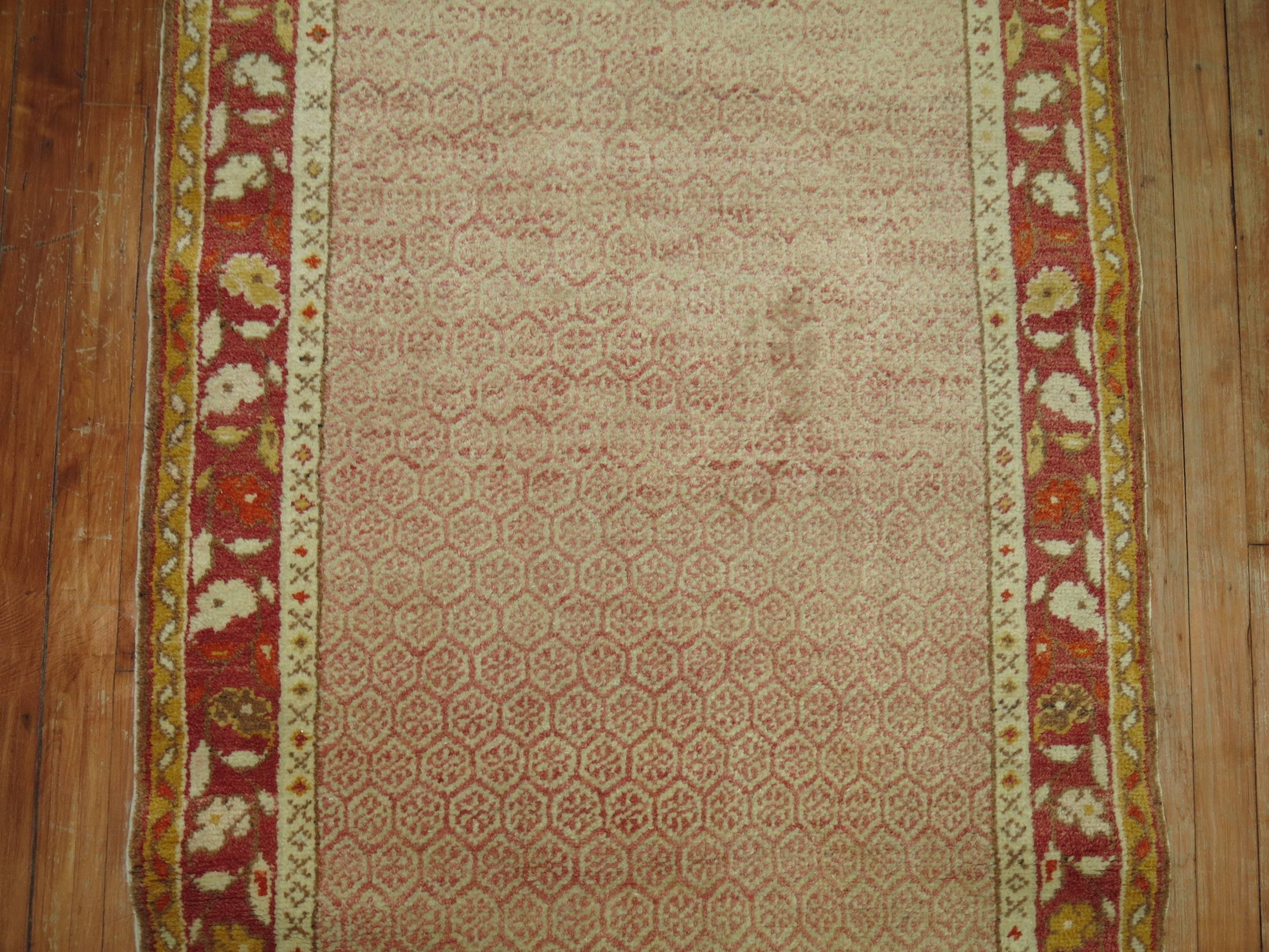 An early 20th century Turkish Oushak runner with a soft pink and cream field surrounded by a soft red border.

Measures: 2'10'' x 8'9''.