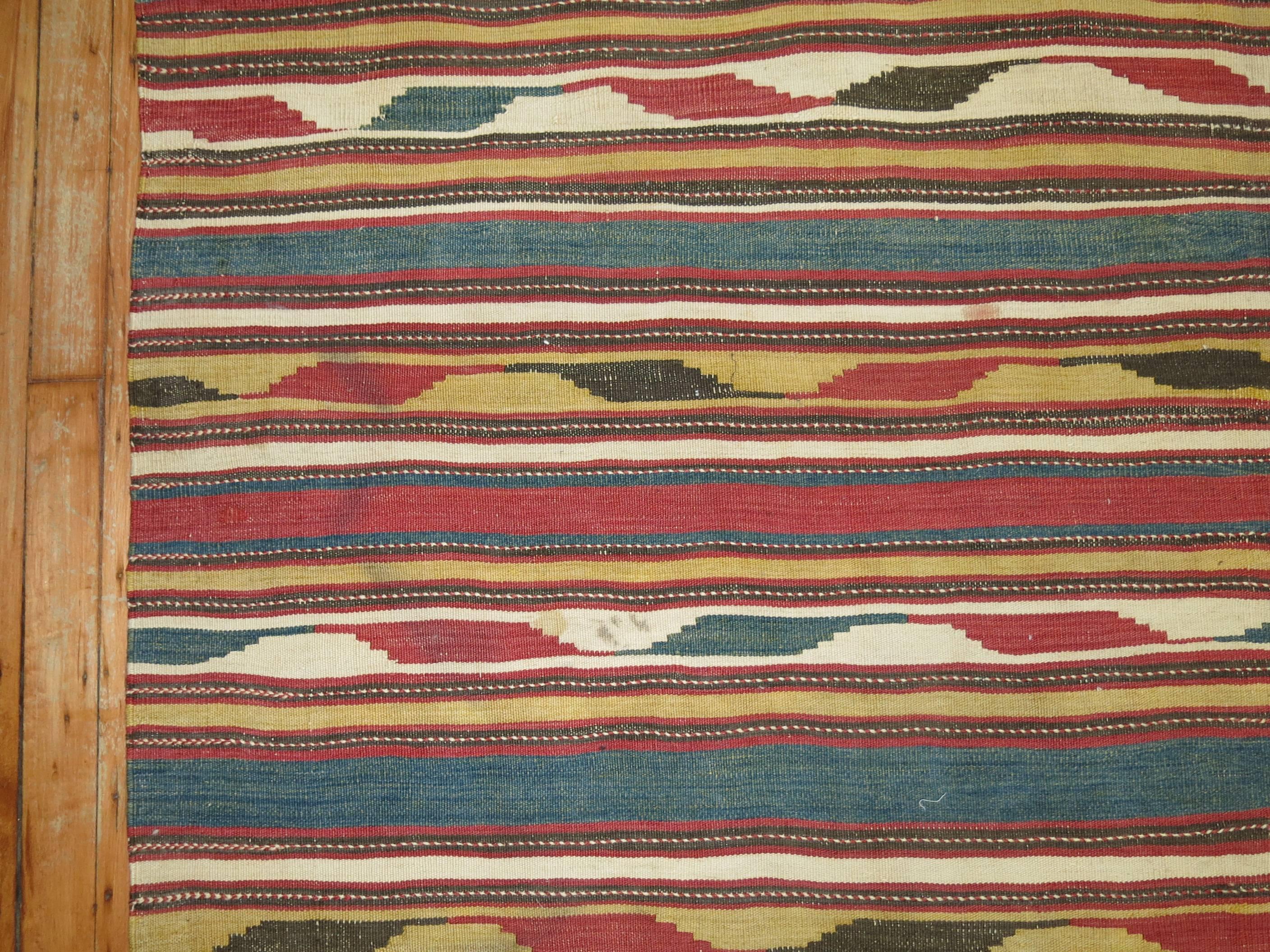 Tribal Rustic Persian Wool Handmade Kilim Green Mustard Red Accent In Good Condition For Sale In New York, NY