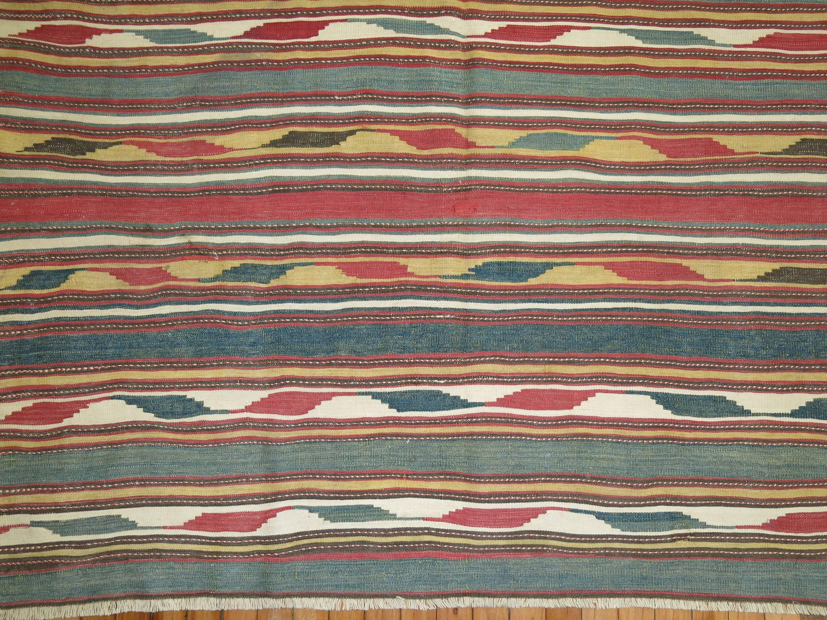 20th Century Tribal Rustic Persian Wool Handmade Kilim Green Mustard Red Accent For Sale