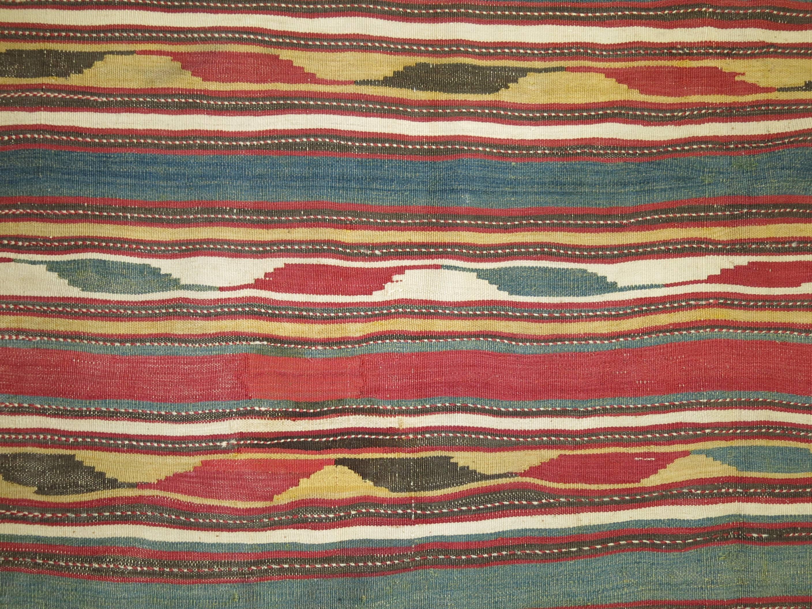 Tribal Rustic Persian Wool Handmade Kilim Green Mustard Red Accent For Sale 2
