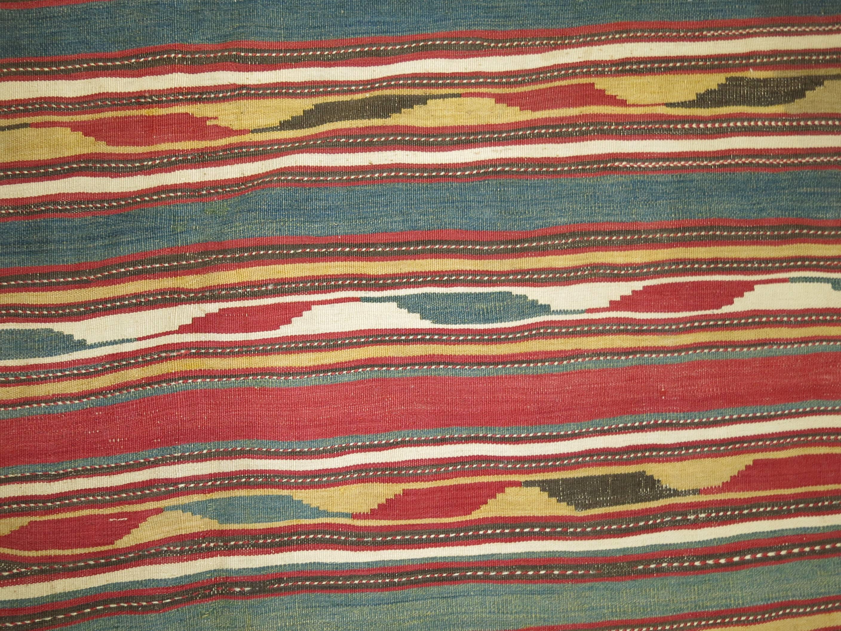 Tribal Rustic Persian Wool Handmade Kilim Green Mustard Red Accent For Sale 4