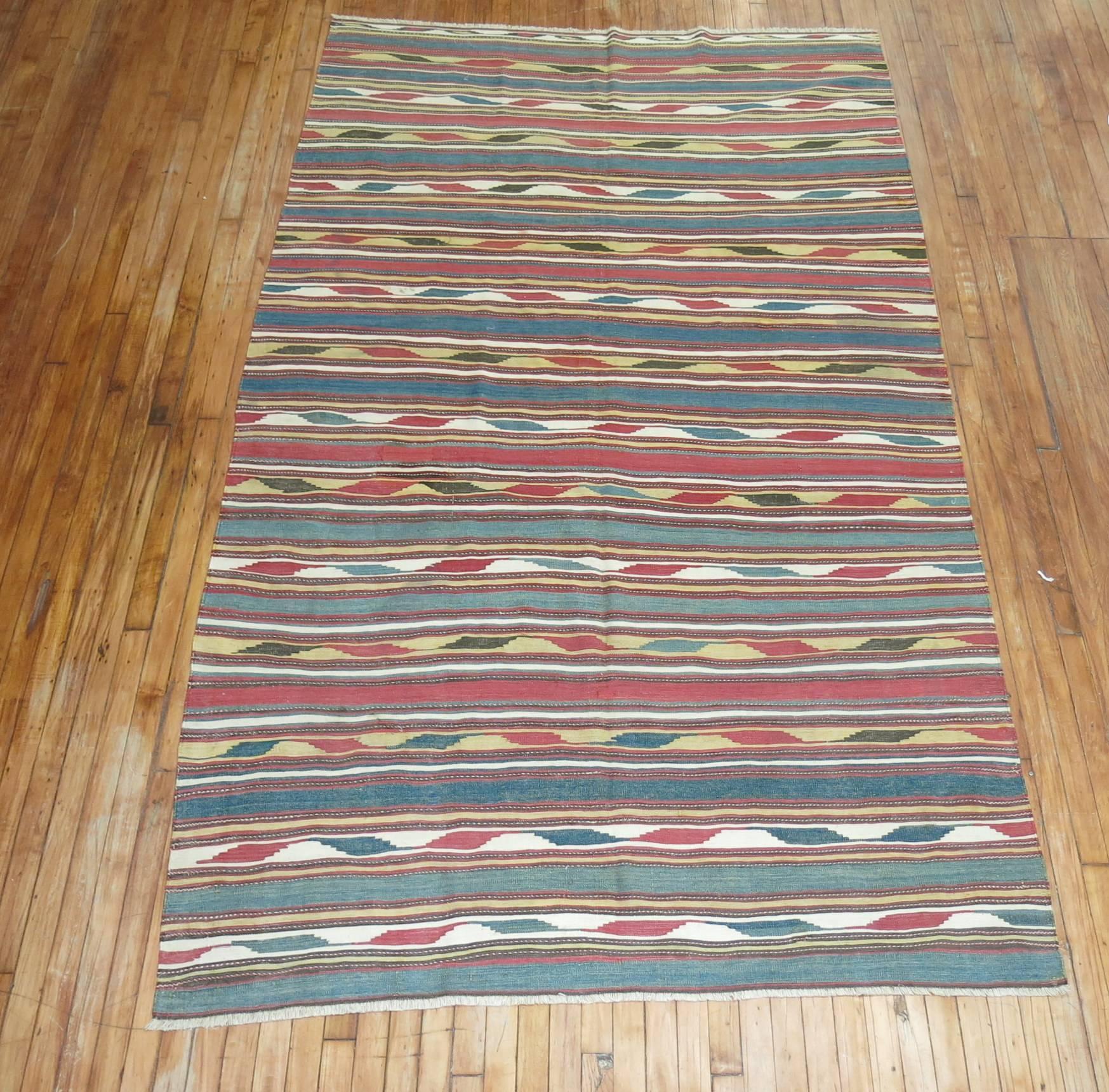 Tribal Rustic Persian Wool Handmade Kilim Green Mustard Red Accent For Sale 5