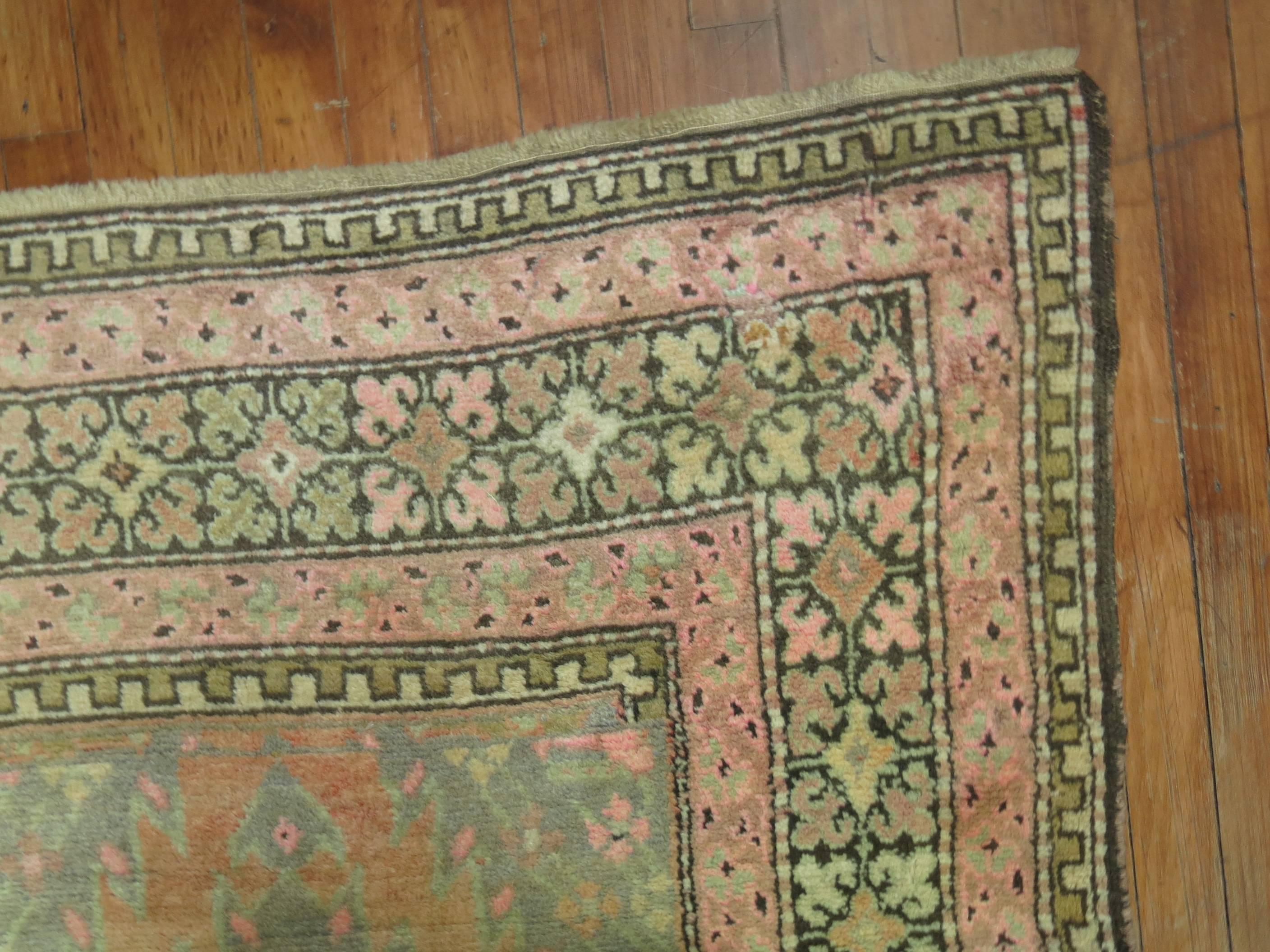 Tibetan Zabihi Collection Pink and Green Vintage Karabagh Runner For Sale