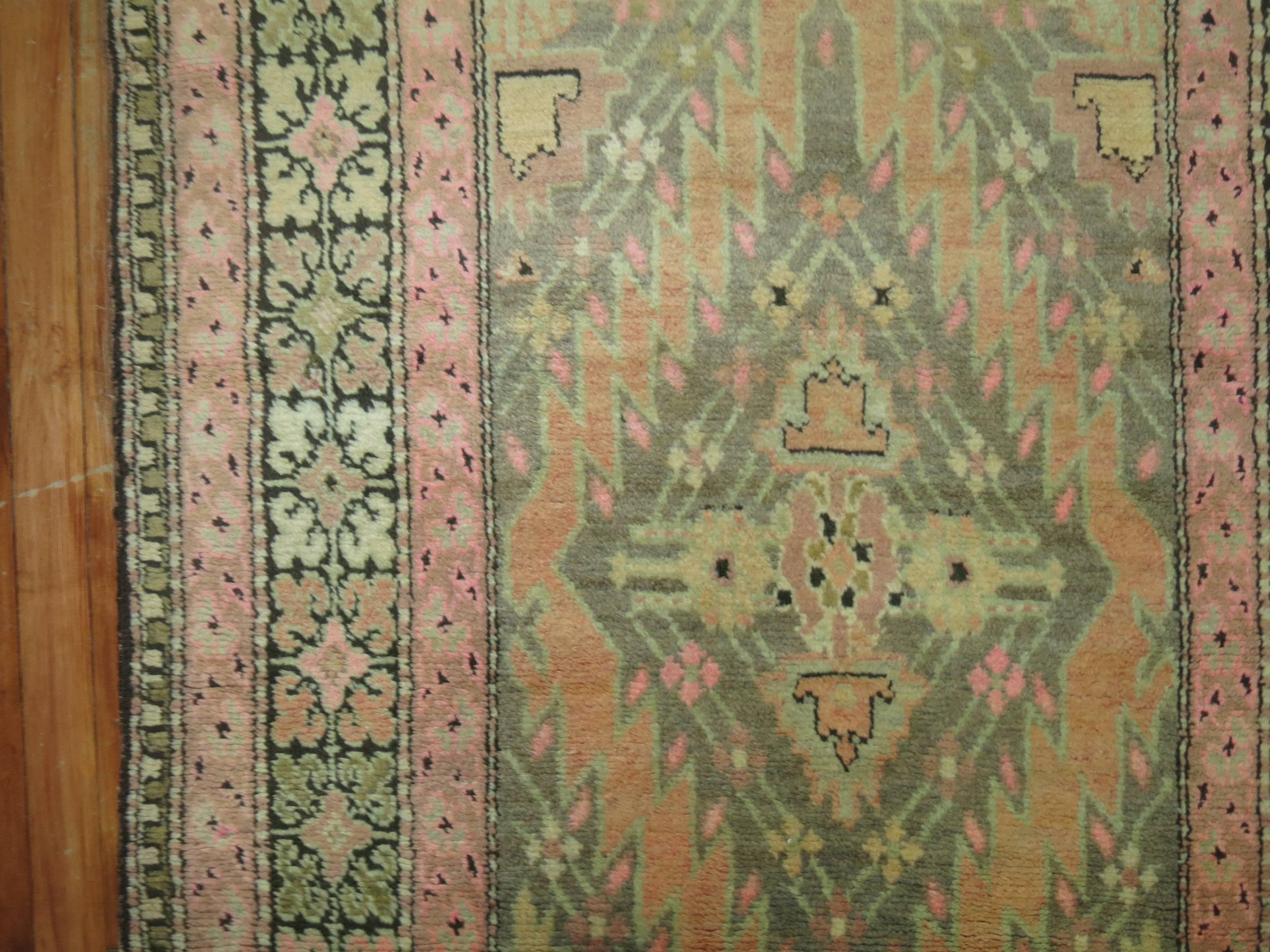 Tibetan Zabihi Collection Pink and Green Vintage Karabagh Runner For Sale