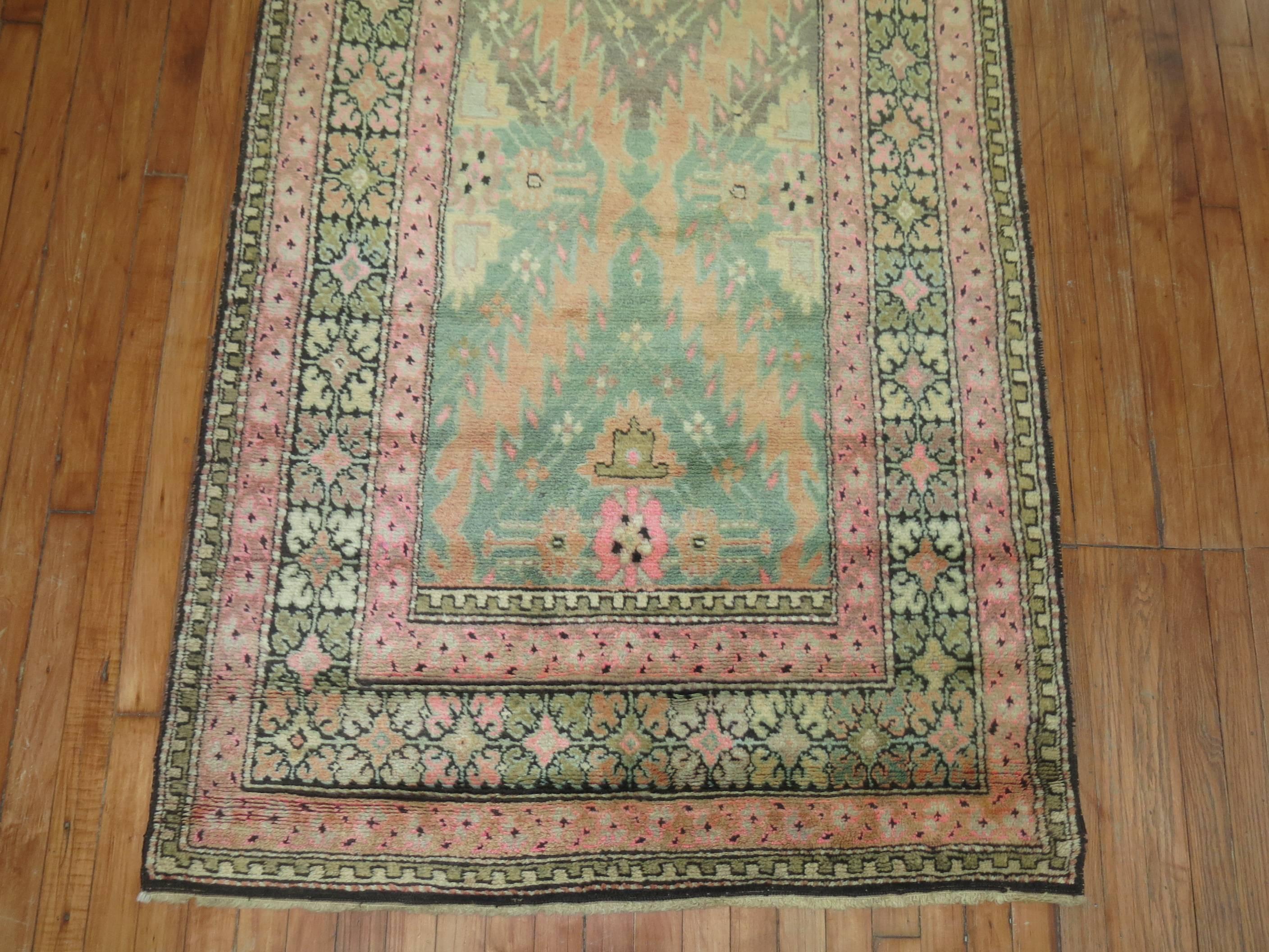 Zabihi Collection Pink and Green Vintage Karabagh Runner In Good Condition For Sale In New York, NY