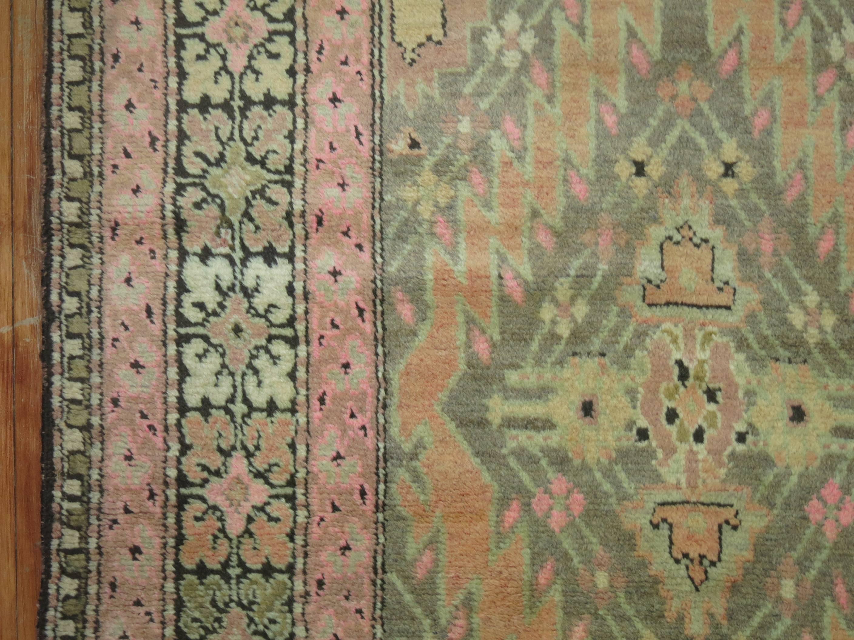 20th Century Zabihi Collection Pink and Green Vintage Karabagh Runner For Sale