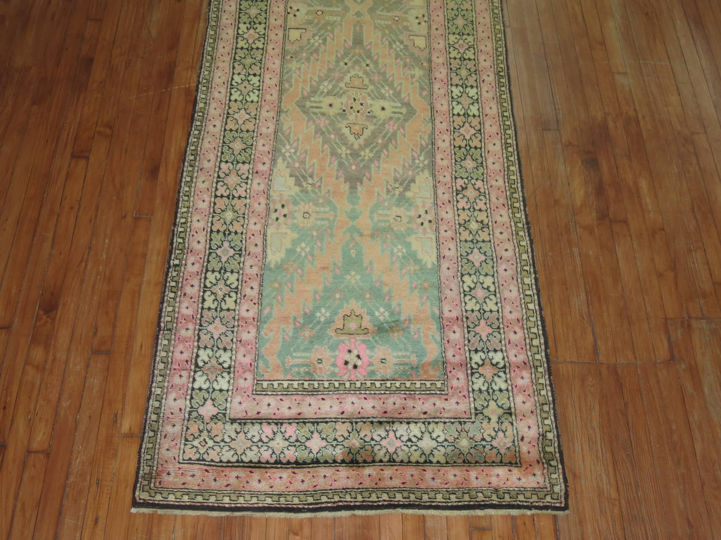 20th Century Zabihi Collection Pink and Green Vintage Karabagh Runner For Sale