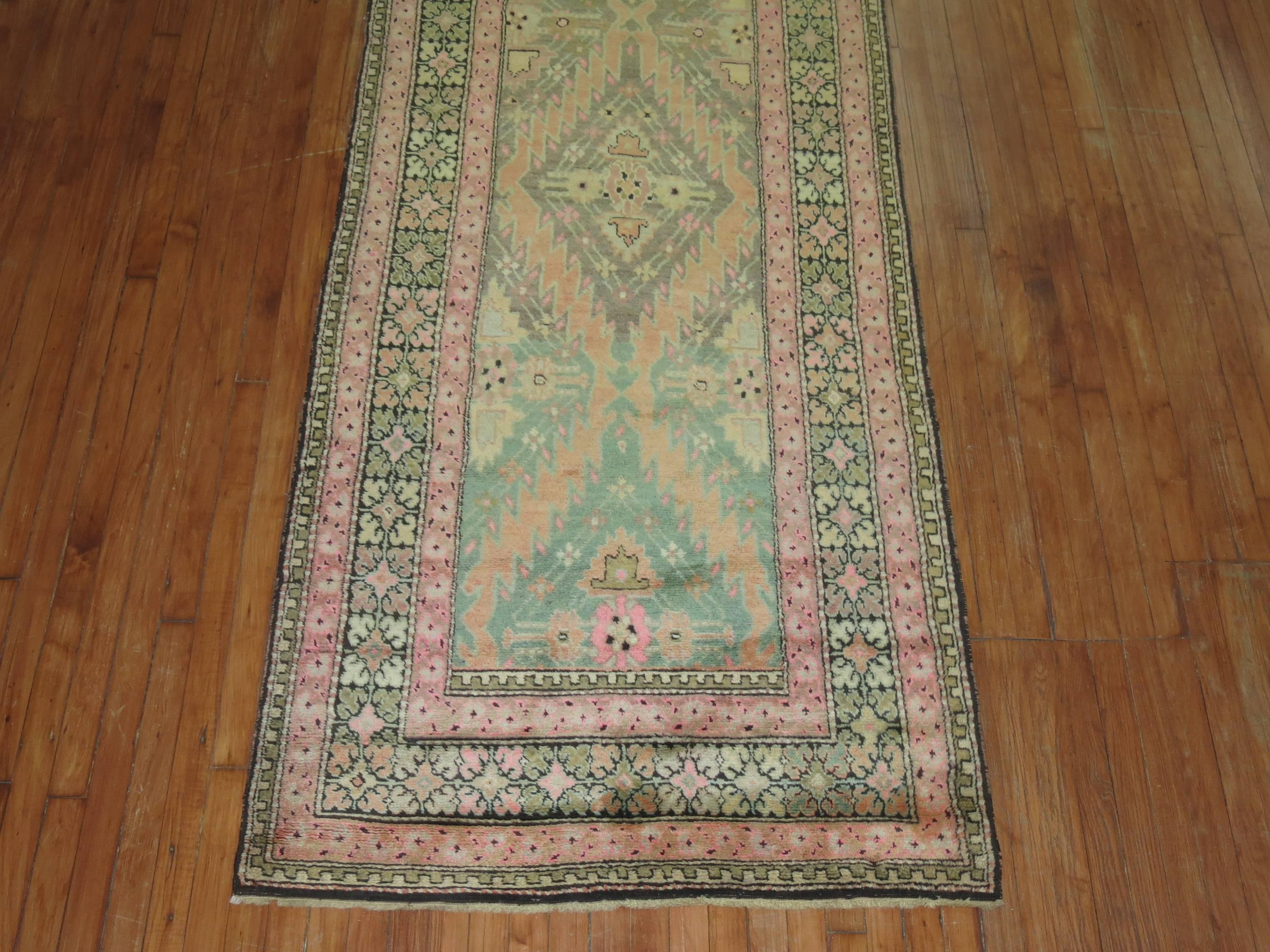 Wool Zabihi Collection Pink and Green Vintage Karabagh Runner For Sale