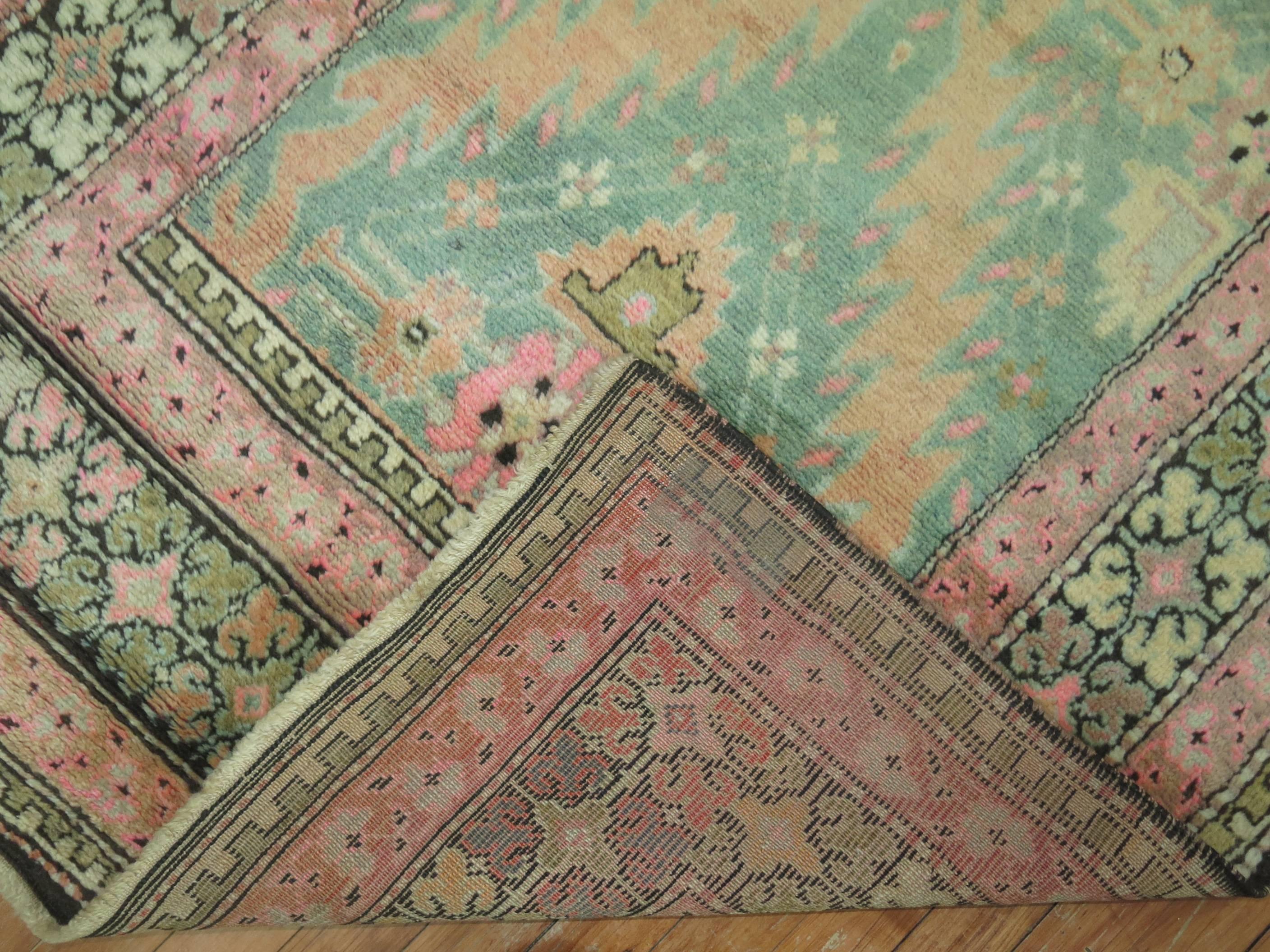 Zabihi Collection Pink and Green Vintage Karabagh Runner For Sale 2