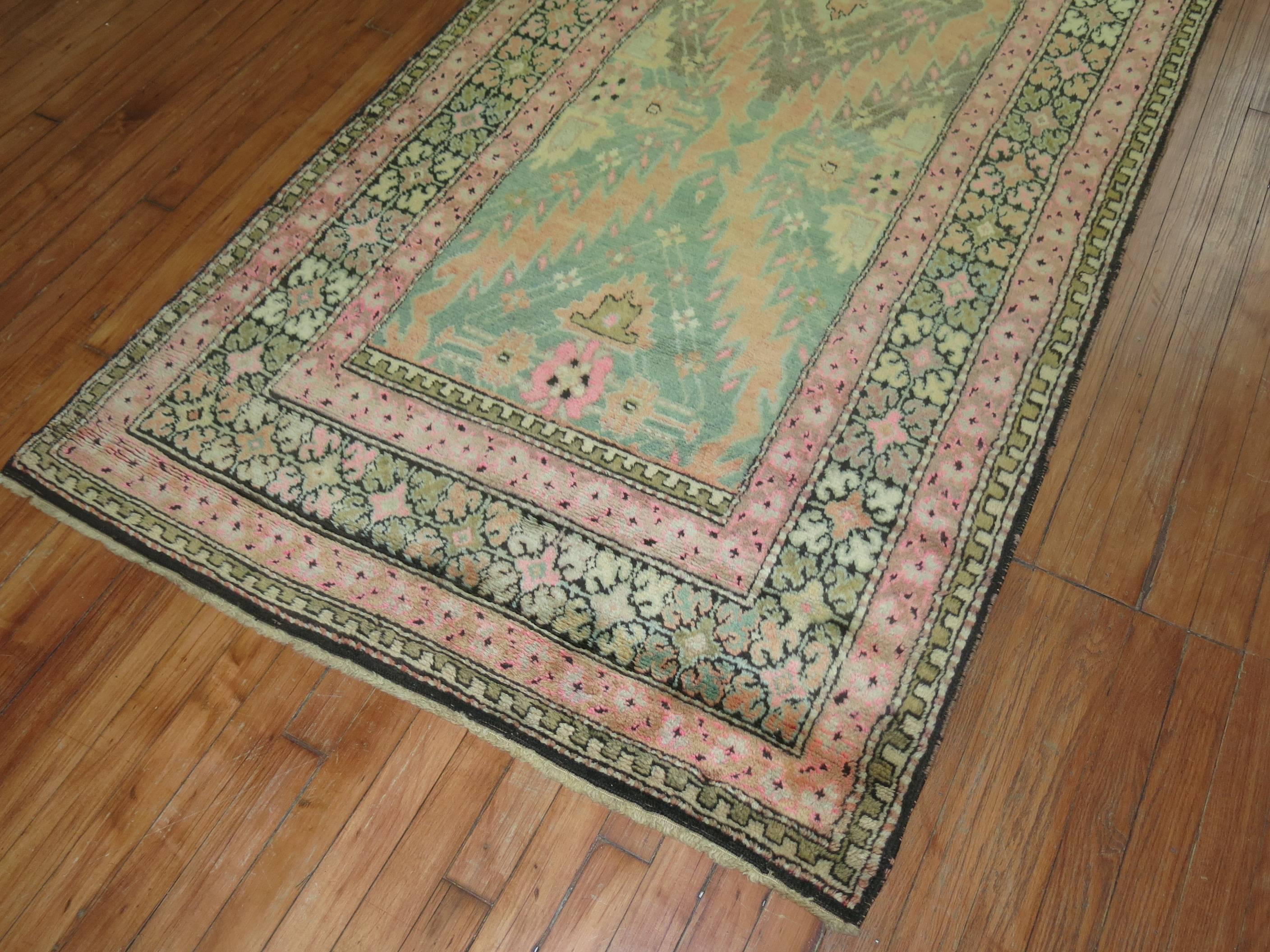 Wool Zabihi Collection Pink and Green Vintage Karabagh Runner For Sale