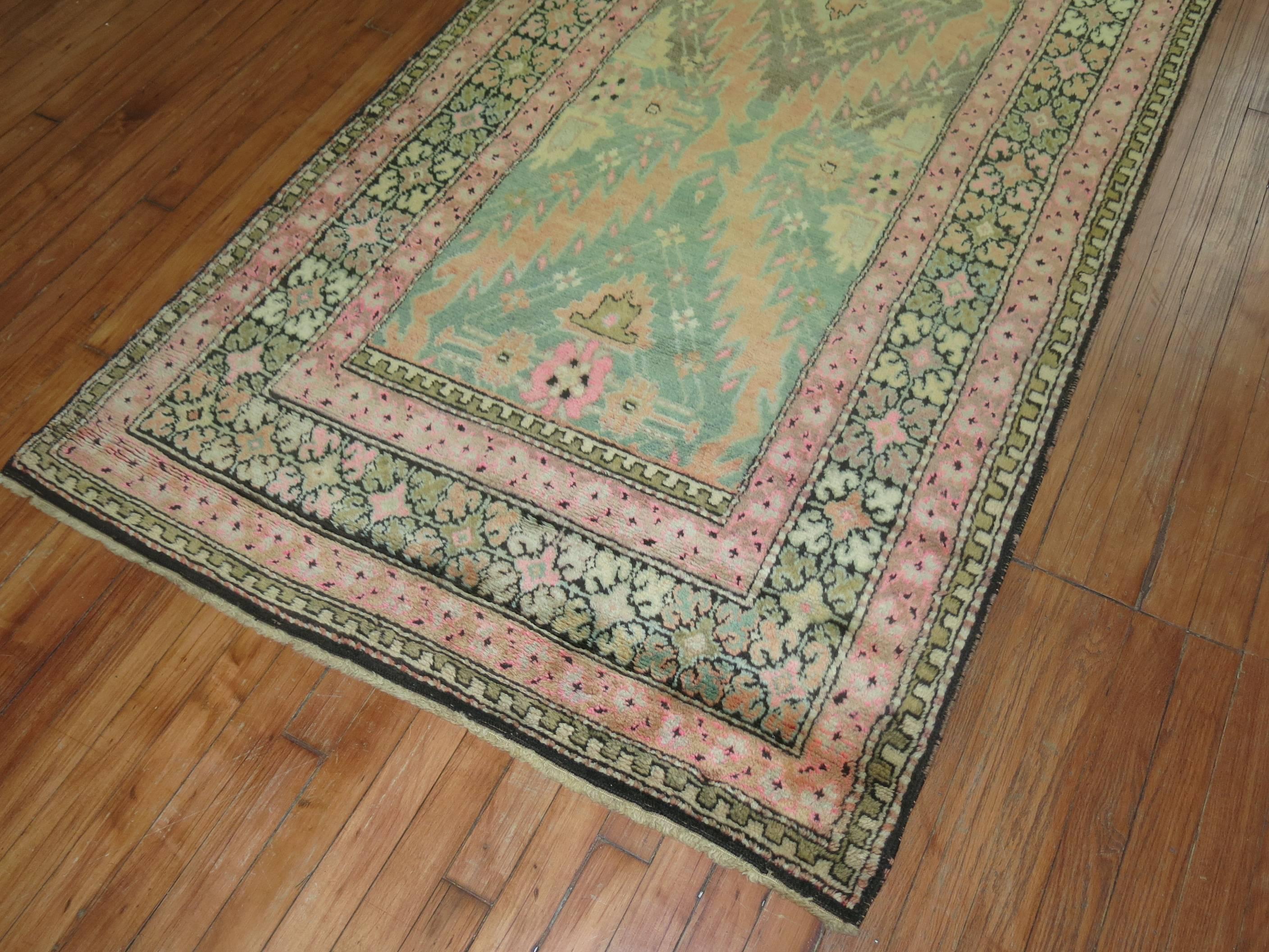 Zabihi Collection Pink and Green Vintage Karabagh Runner For Sale 1