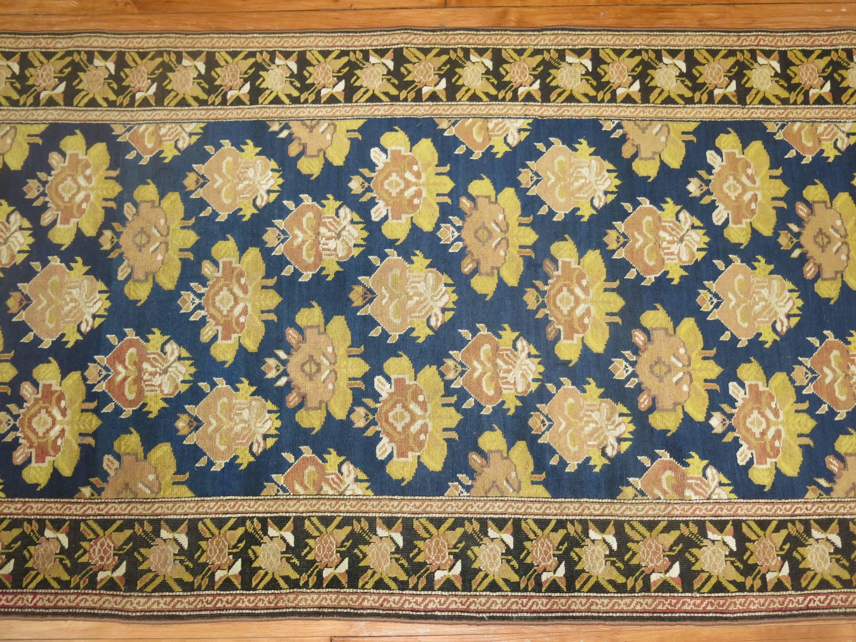 Hand-Knotted Early 20th Century Floral Long Antique Russian Karabagh Runner For Sale